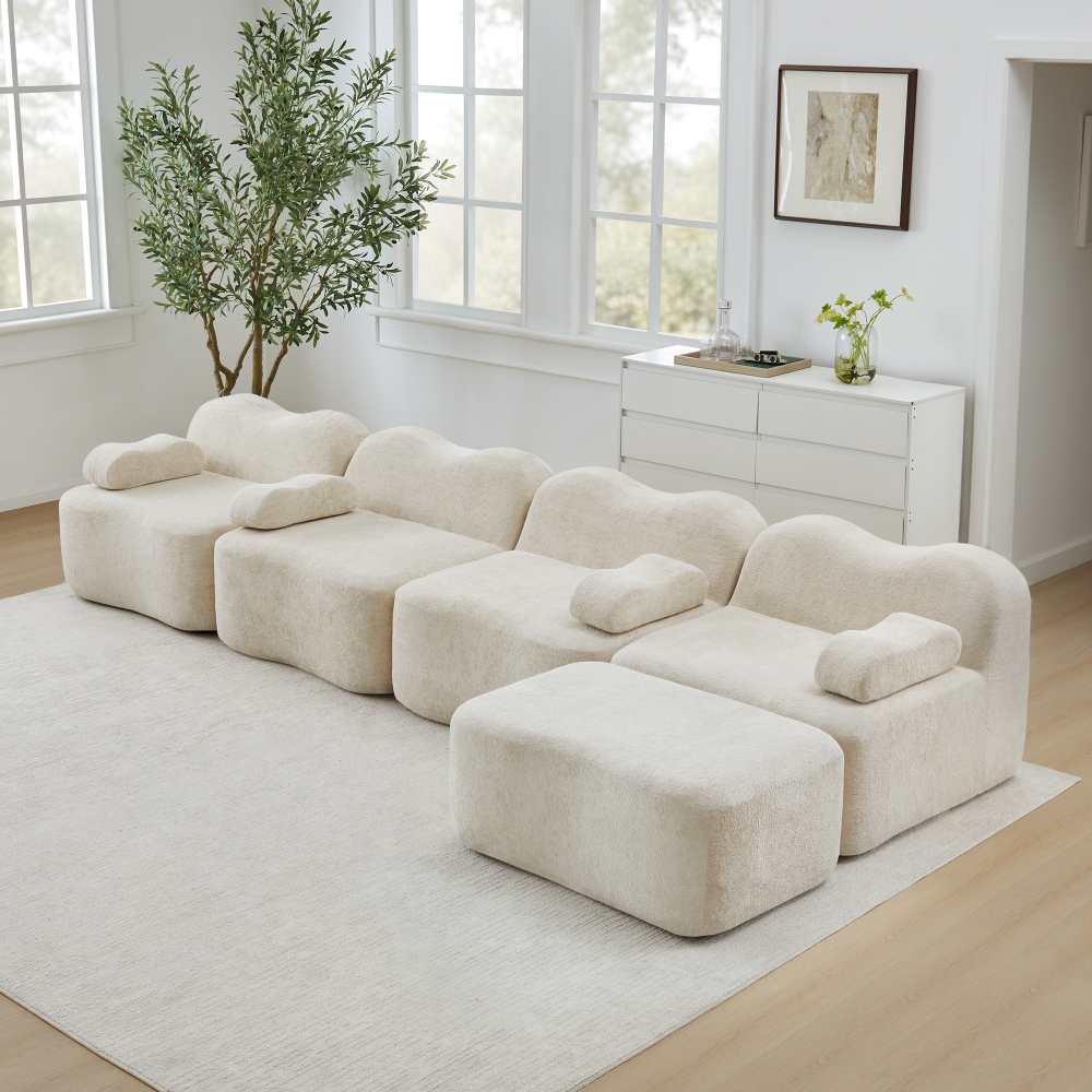 Modułowa sofa narożna 4-osobowa z weluru beżowa z otomaną, nowoczesna, ruchome poduszki, wysoka gęstość pianki, designerskie oparcie