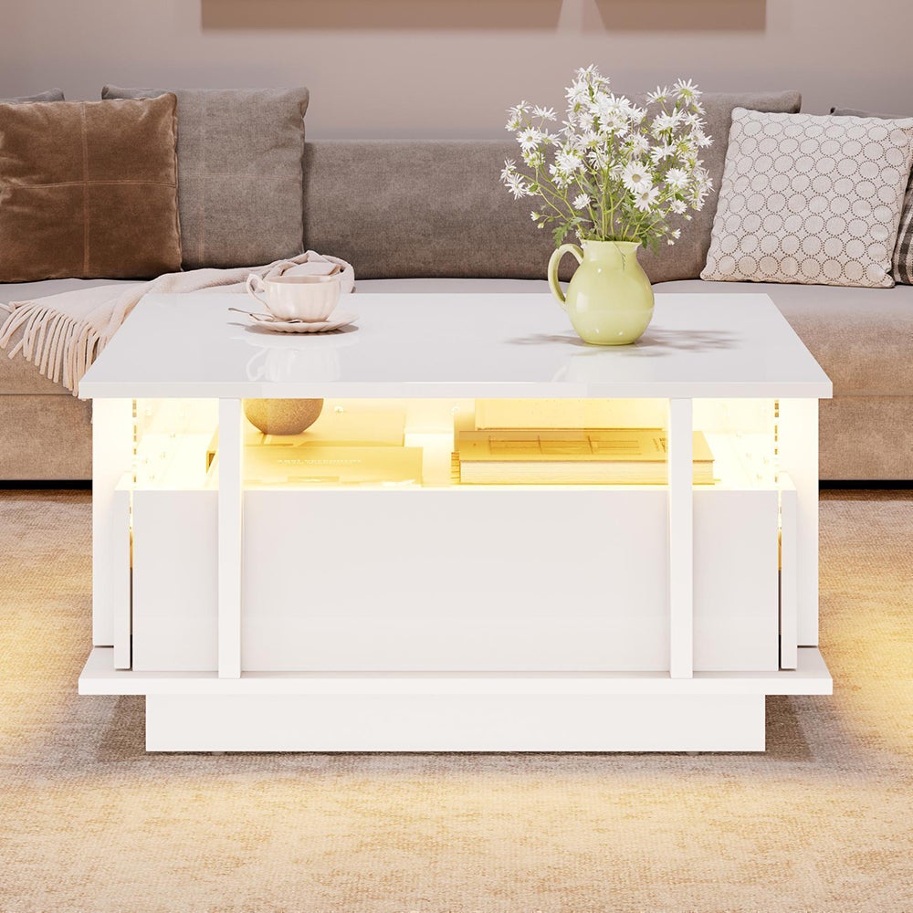 Stolik kawowy 70 x 70 x 35 cm, wyposażony w 2 szuflady, oświetlenie LED i przezroczystą przegrodę akrylową, biały