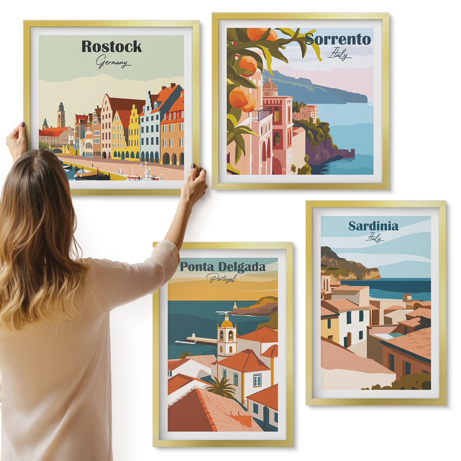 Galeria ścienna 4-częściowy komplet obrazów w złotych ramach - Widoki europejskich miast nadmorskich i portowych - ArtPrintCave