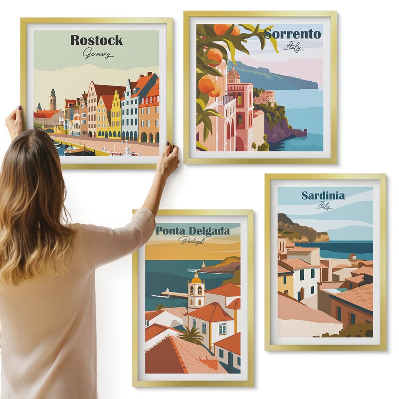 Galeria ścienna 4-częściowy komplet obrazów w złotych ramach - Widoki europejskich miast nadmorskich i portowych - ArtPrintCave