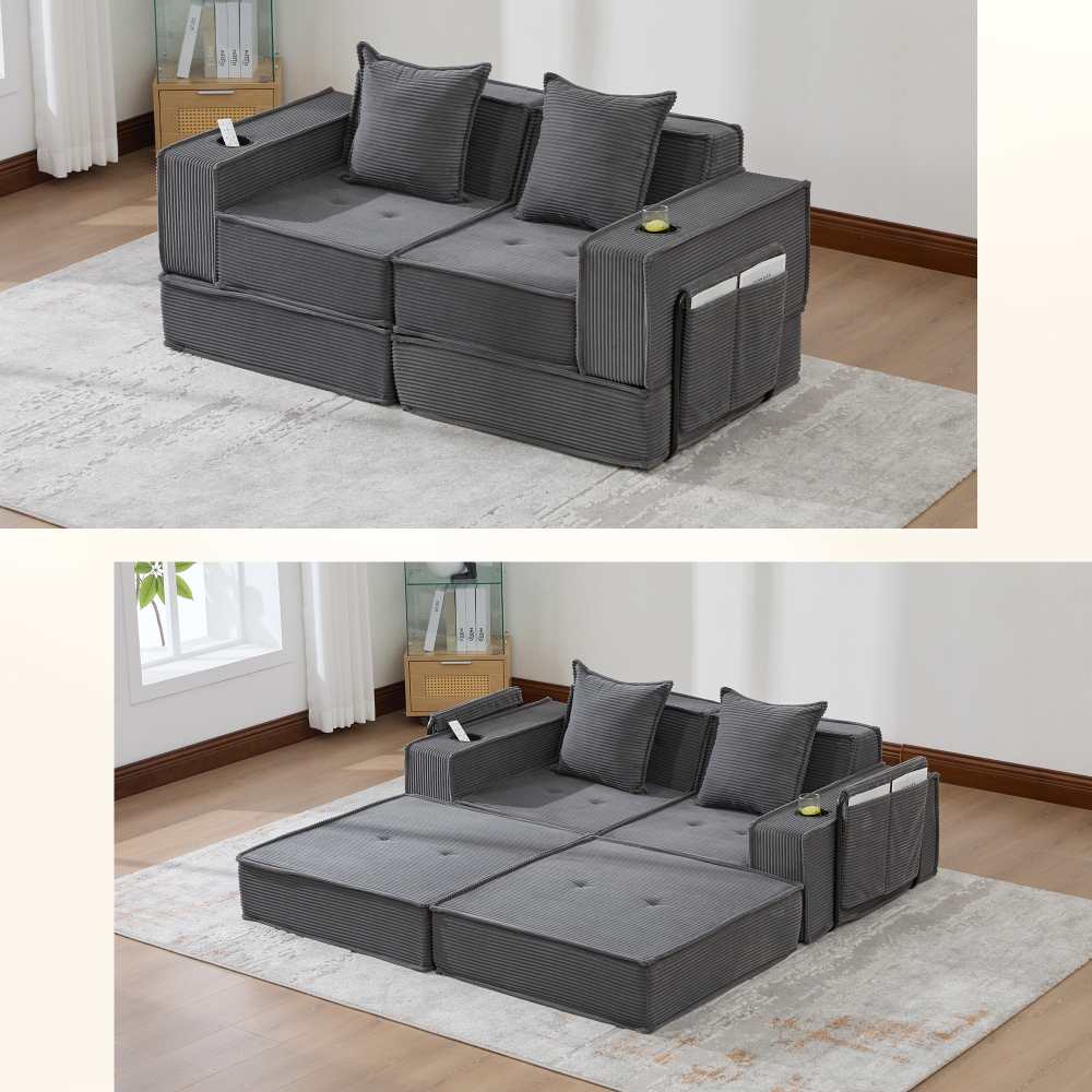 Nowoczesna sofa dwuosobowa z funkcją spania dla 2 osób, wygodne poduszki, ozdobny puf z bocznym schowkiem i uchwytami na kubki