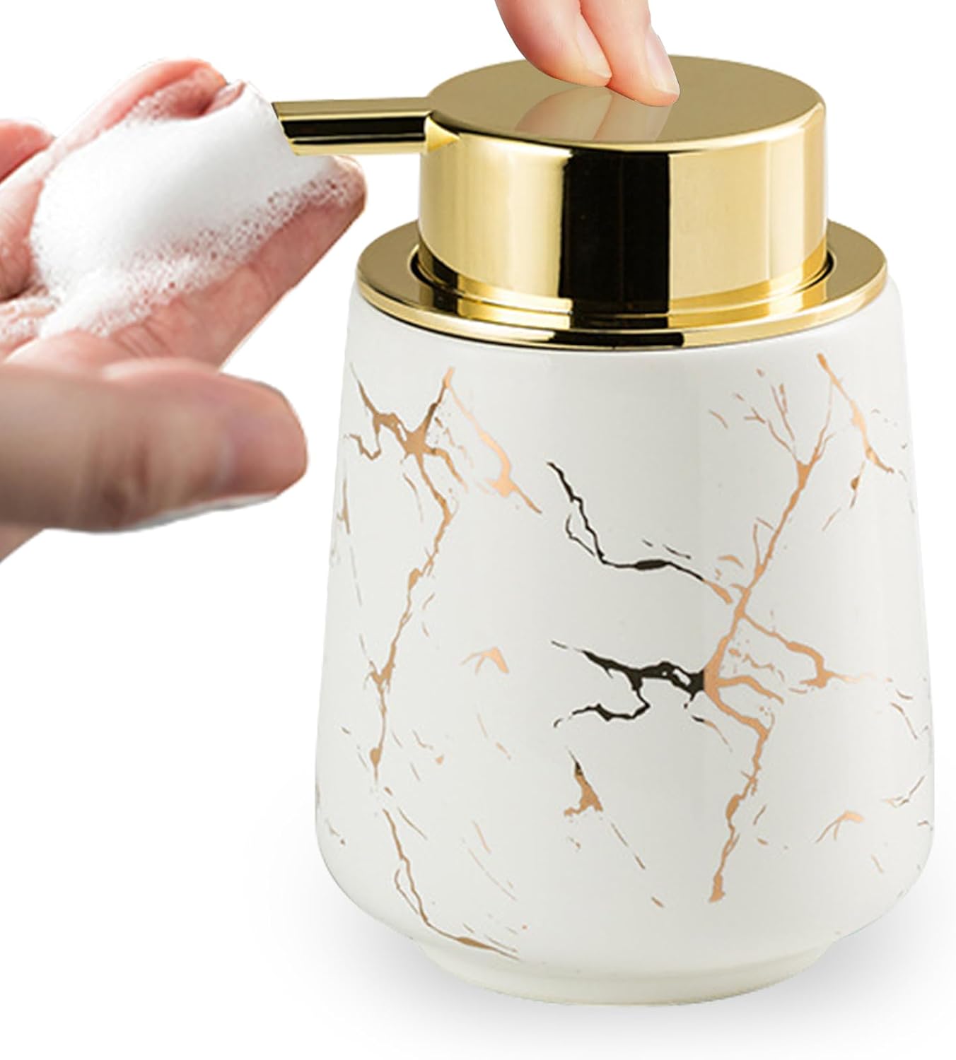 Biały ceramiczny dozownik mydła w piance, 380 ml, wzór marmurowy, z dużą głowicą pompki, dozownik łazienkowy, uzupełniany szampon, balsam, dozownik my