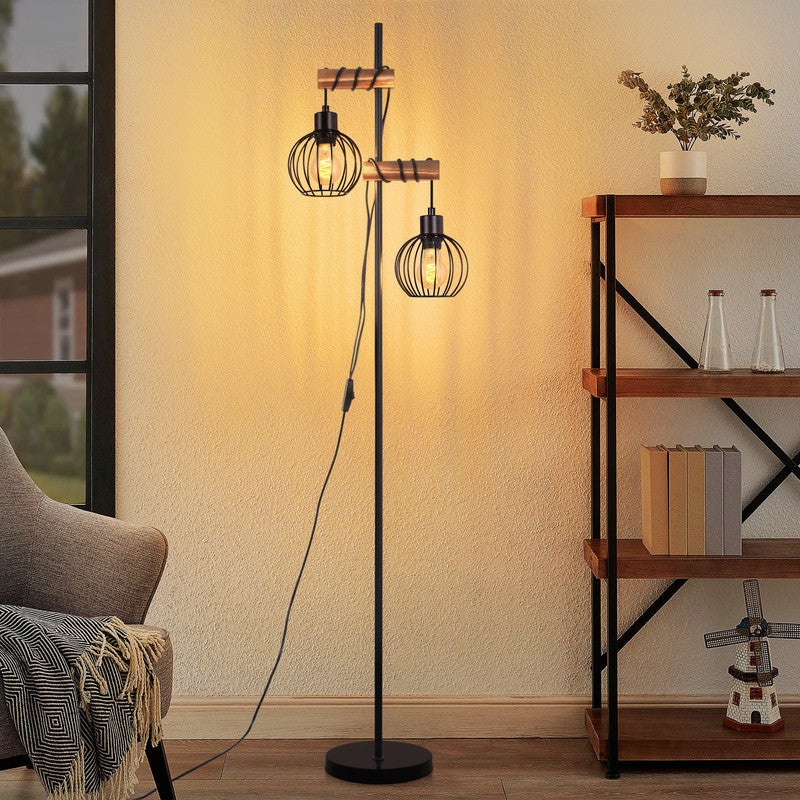 NETTLIFE Lampa Podłogowa Vintage 2x E27 - 152cm, Drewno i Metal, Czarna (Bez Żarówki)