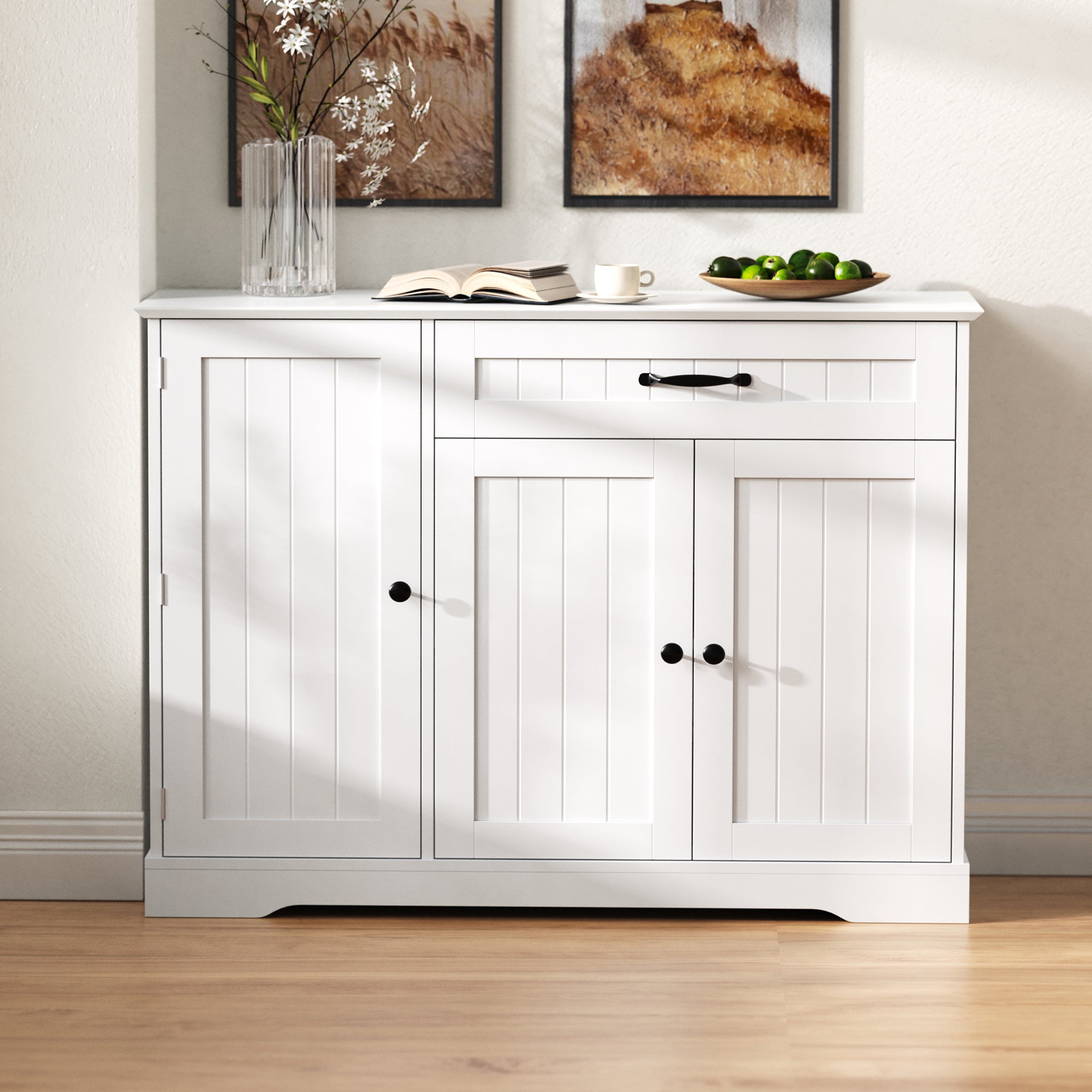 Nowoczesna komoda z 3 drzwiami i 1 szufladą - 107 x 40 x 83,4 cm - do jadalni, salonu - MDF - biała