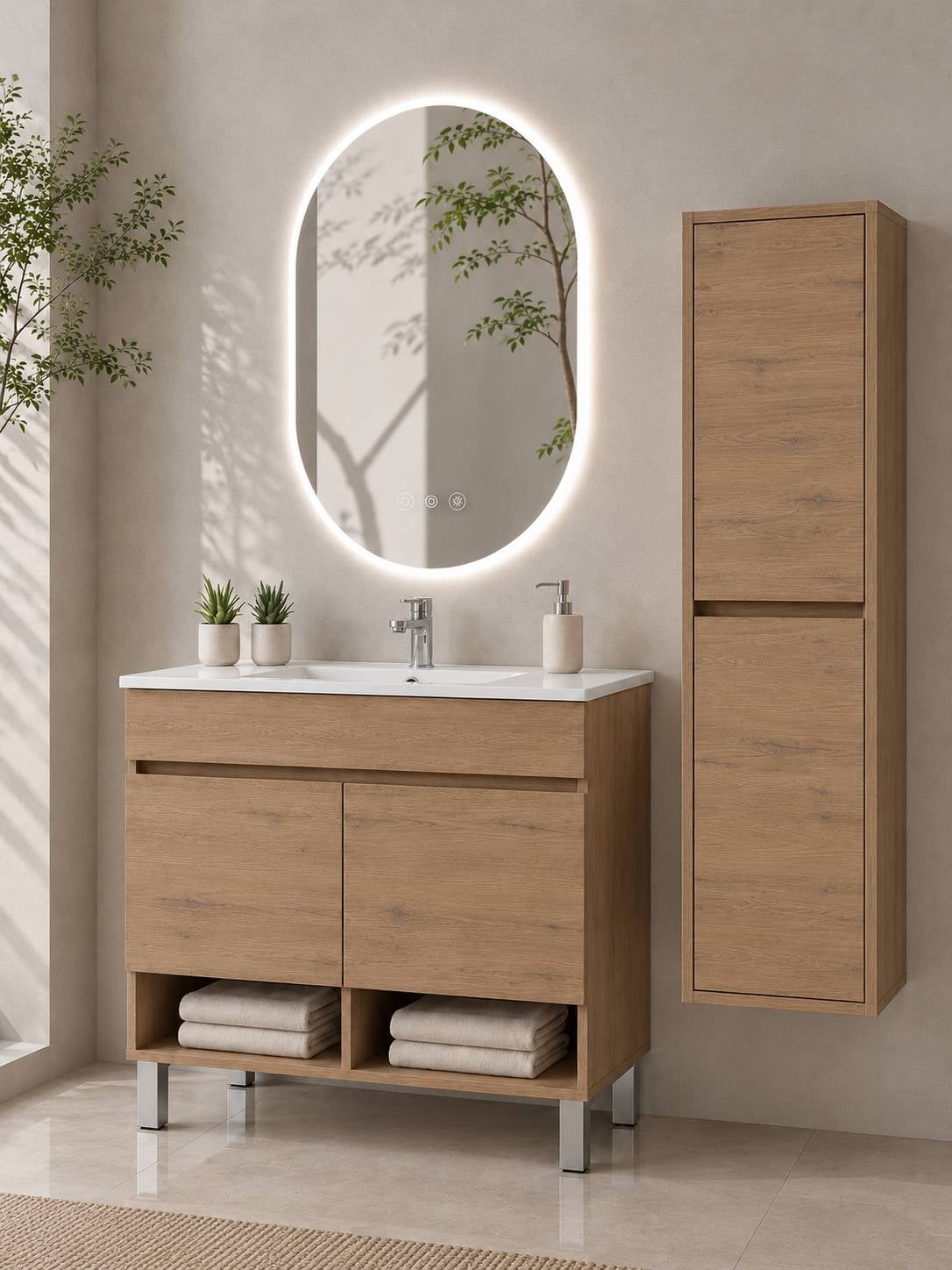Szafka łazienkowa na nóżkach z umywalką ORIGENBATH NEBARI na nóżkach z drzwiami z kolumną 70x40 cm estepa z kolumną