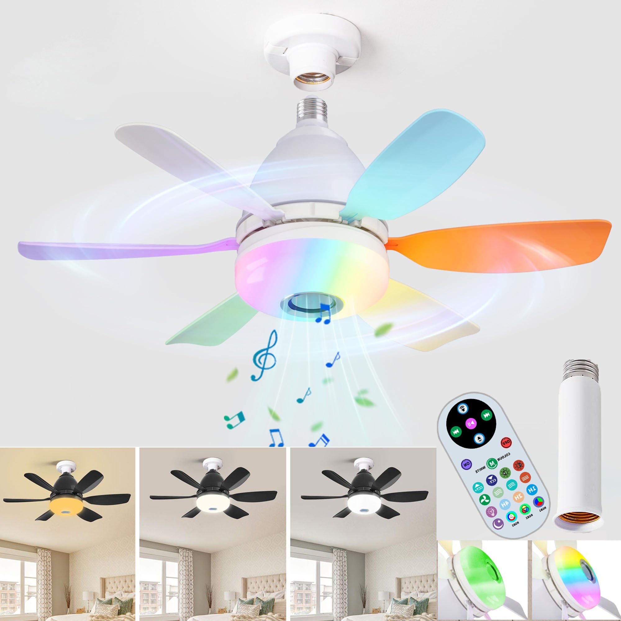 Wentylator sufitowy z przedłużką i pilotem, trzy prędkości wiatru, trzy temperatury barwowe, głośnik Bluetooth, 3 tryby RGB, kolorowy