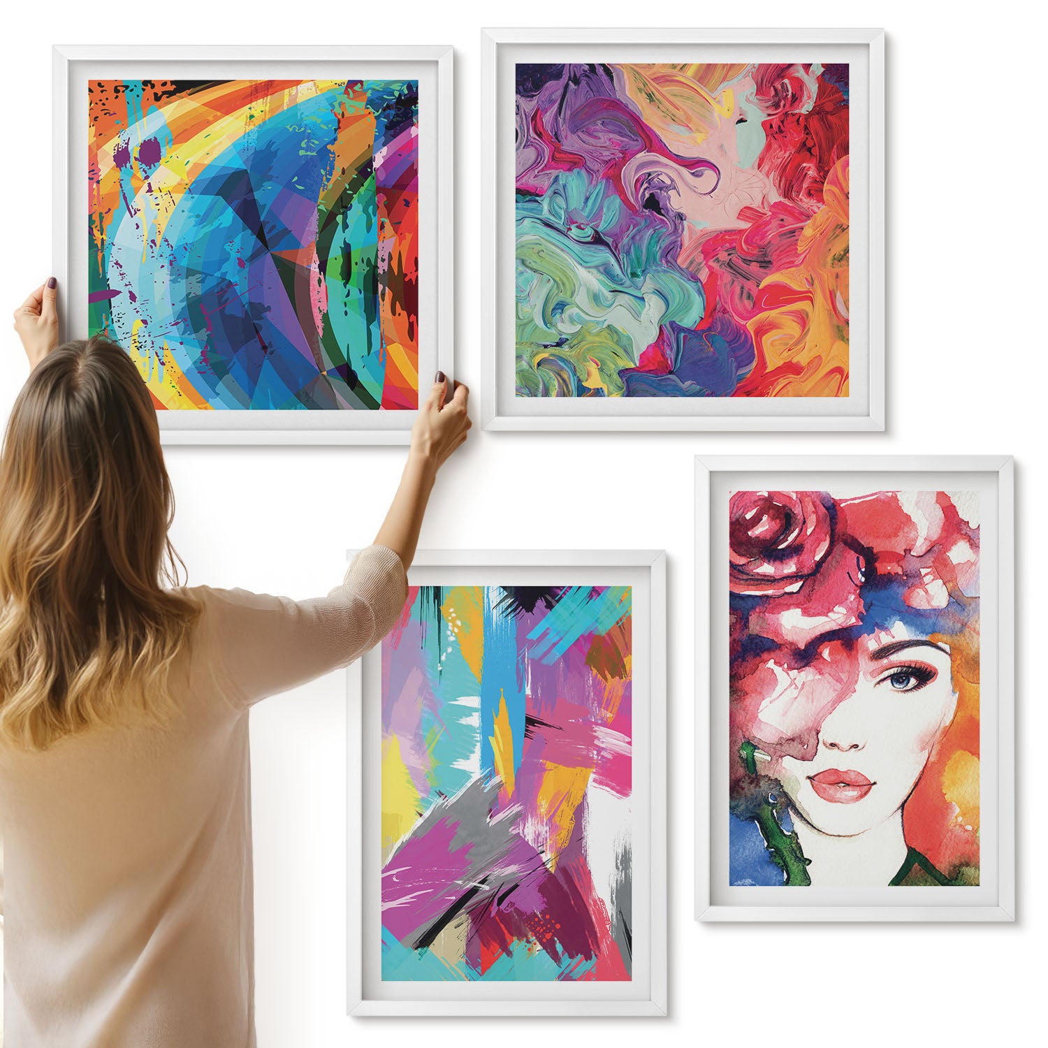 Galeria ścienna 4-częściowy komplet obrazów w białych ramach - Kolorowe abstrakcje farb portret kobiety - ArtPrintCave
