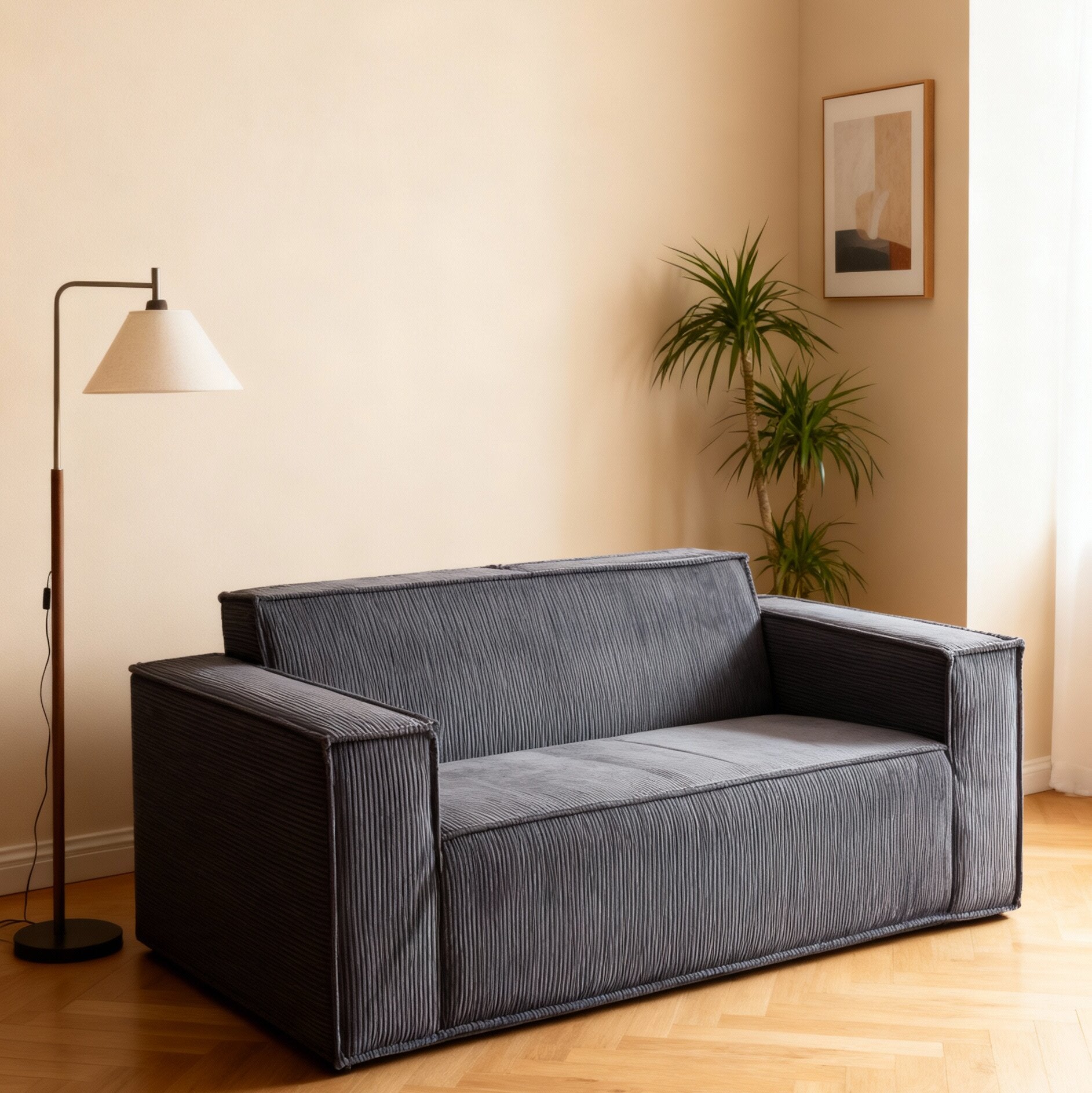 Dwuosobowa sofa z głębokim siedziskiem, aksamitny kotar, bez nóżek, nie wymaga montażu, łatwa do przenoszenia, szara