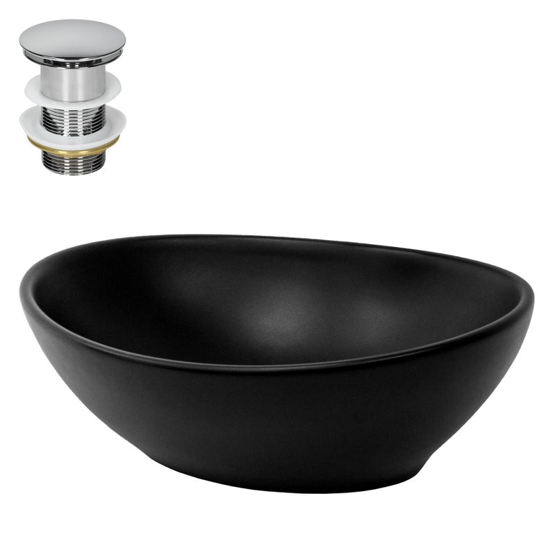 ML-Design czarna matowa umywalka ceramiczna 41x33,5x14,5cm owalna nowoczesna z kompletem odpływowym do łazienki do mycia rąk i codziennego użytku