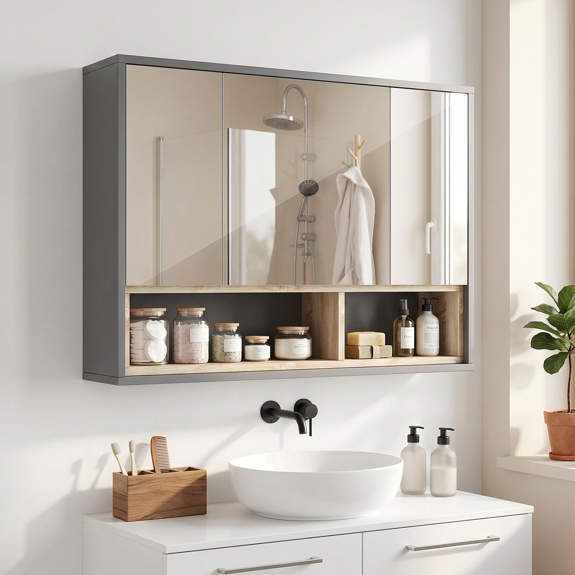 Szafka Łazienkowa z Lustrem 3 Drzwi Wisząca 8 Półek 80x20x60 cm Szara