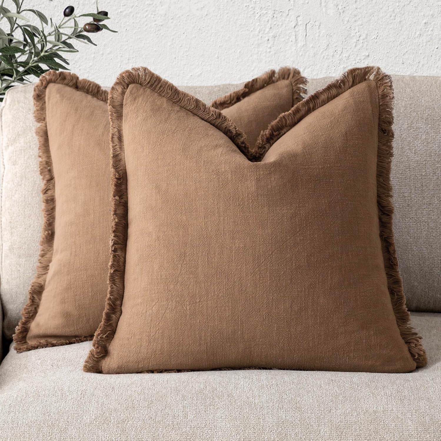 Zestaw dekoracyjnych poszewek na poduszki z lnu z frędzlami styl boho styl rustykalny z pomponami miękka poszewka na poduszkę x cm khaki brąz