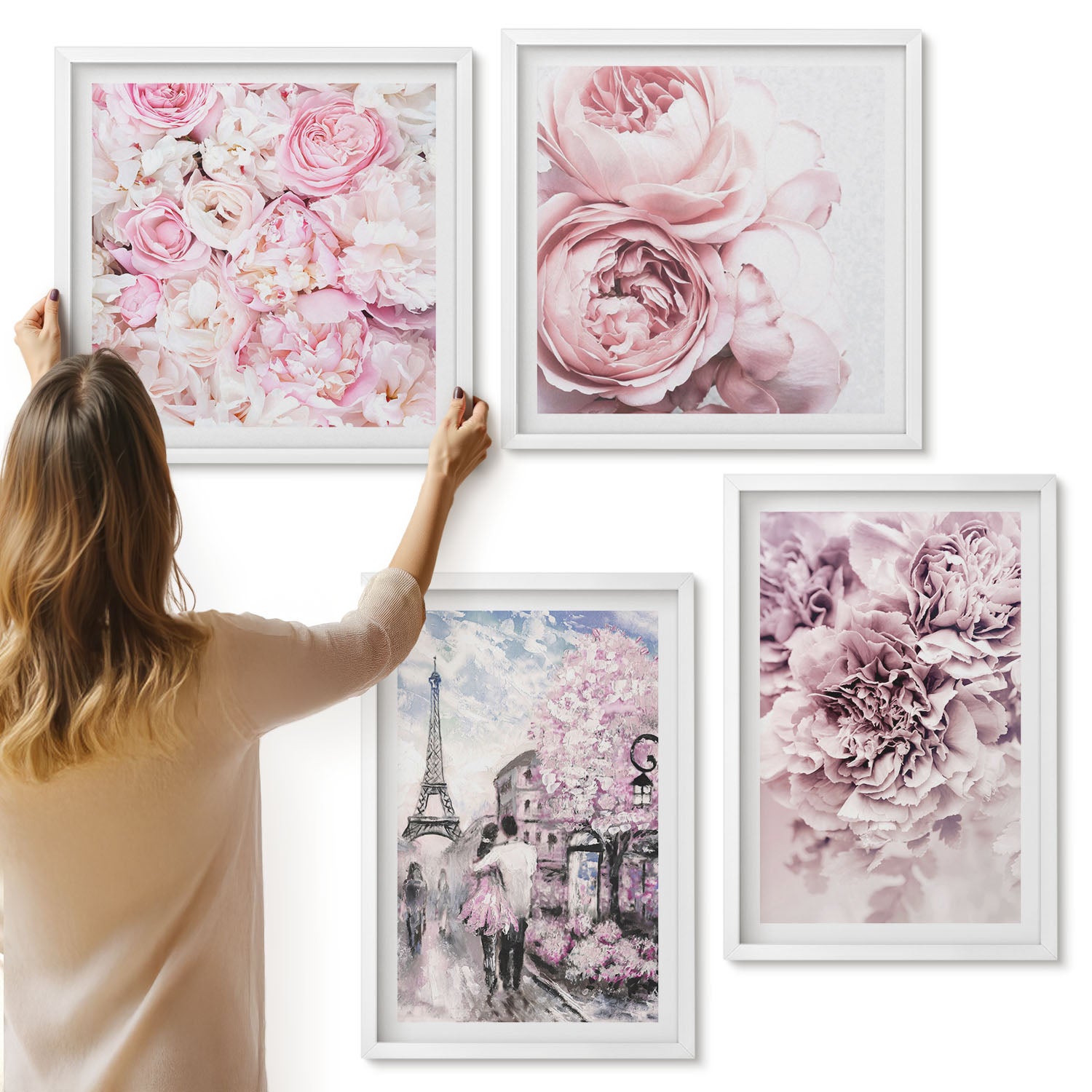 Galeria ścienna 4-częściowy komplet obrazów w białych ramach - Kwiaty w odcieniach różu romantyczny krajobraz - ArtPrintCave