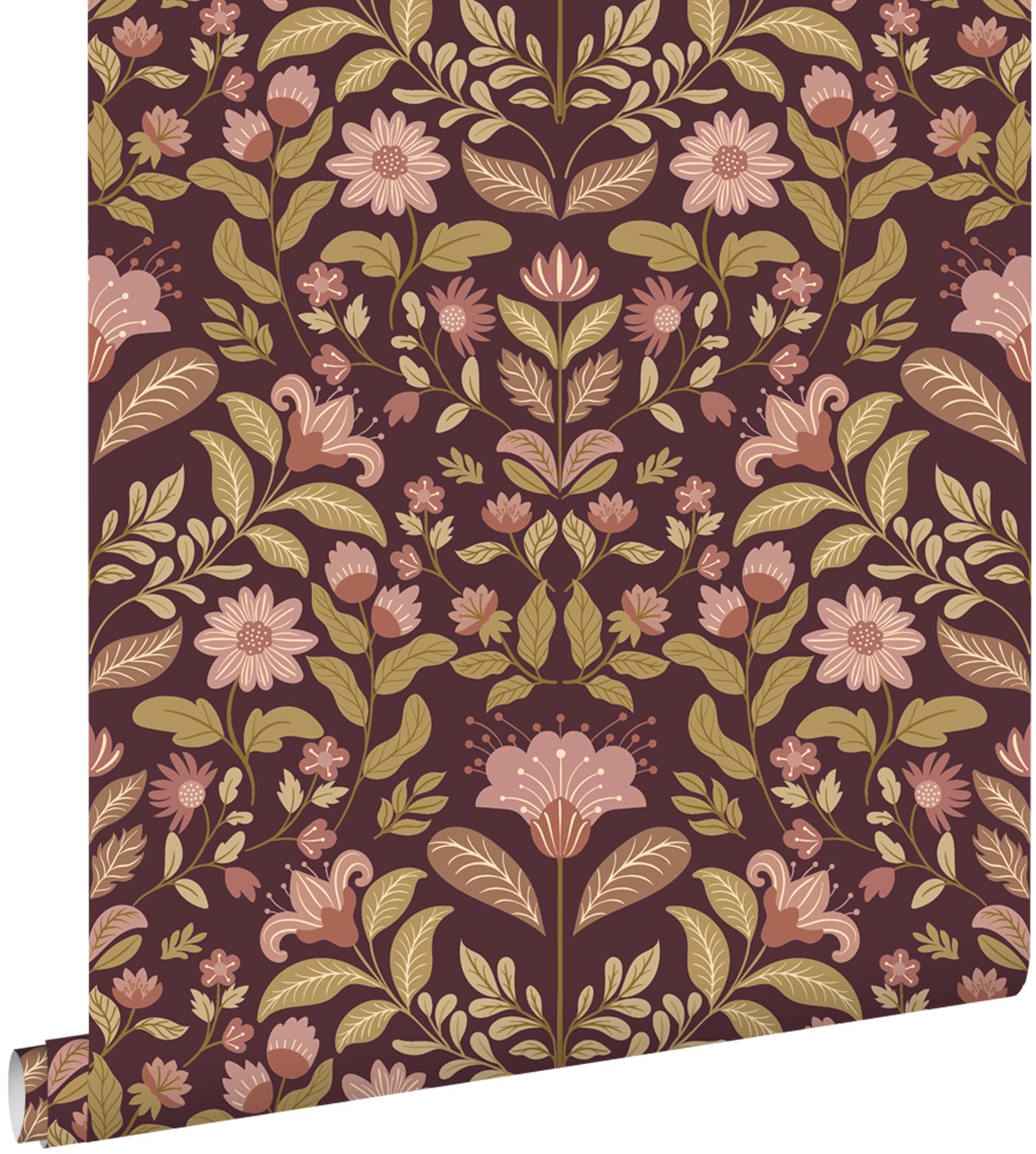 Tapeta zabytkowe kwiaty ciemny fiolet i zielony - 50 x 900 cm - ESTAHOME