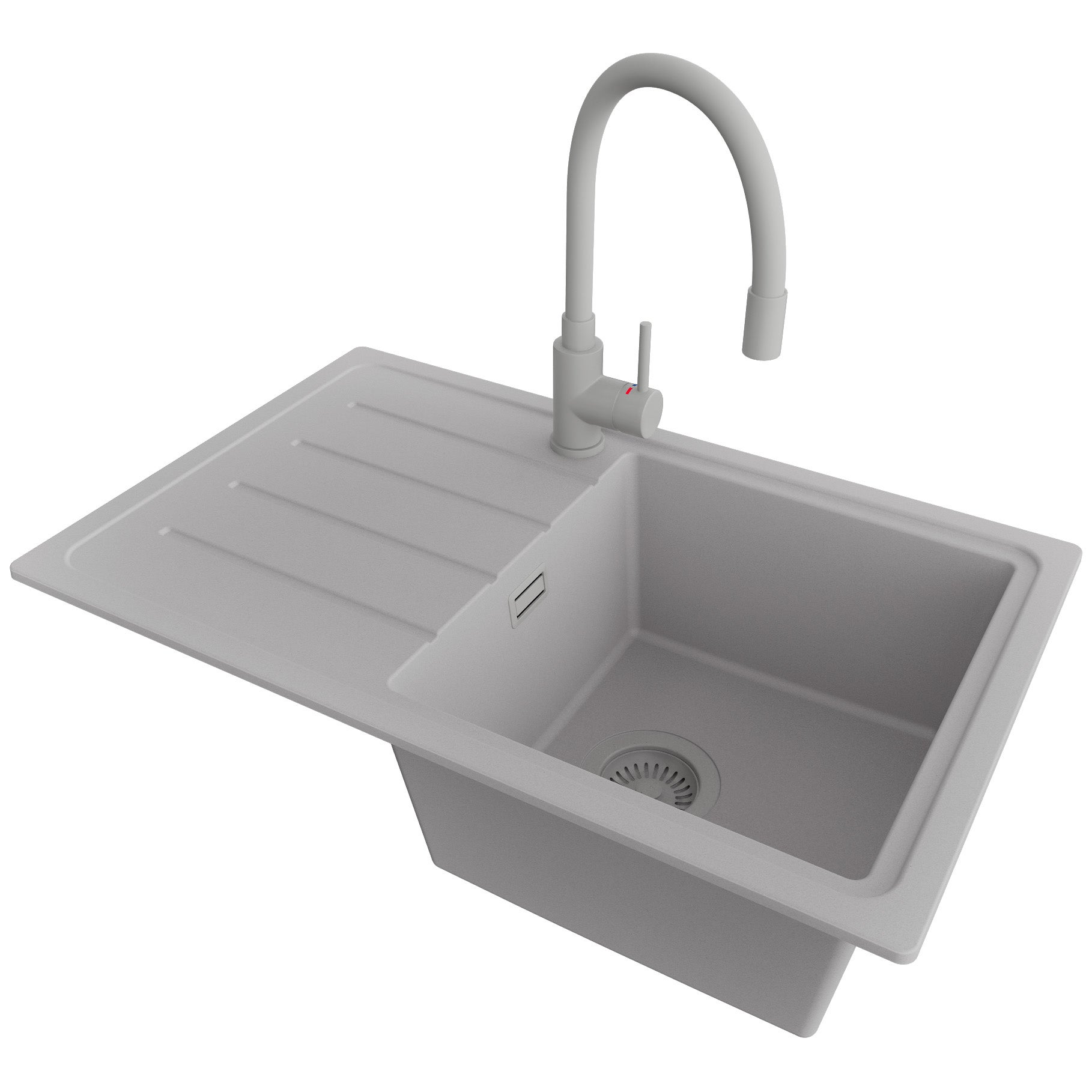Zlewozmywak Granitowy Szary 70x44cm, Zlew Kuchenny 1 Komorowy + Bateria 38x14cm + Syfon, Nablatowy do szafki od 45cm - Kopenhaga Easy PRIMAGRAN