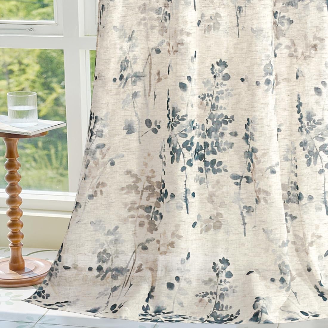 Zasłony z fałszywego lnu w kolorze niebiesko-taupe, 2 panele 132 x 183 cm, kwiatowy wzór tuszem do salonu i sypialni