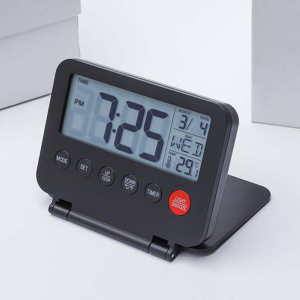 Zestaw 2 składanych budzików cyfrowych z kalendarzem, temperaturą, minutnikiem, ekranem LCD, funkcją drzemki, 12/24h, odliczaniem, do biura i sypialni
