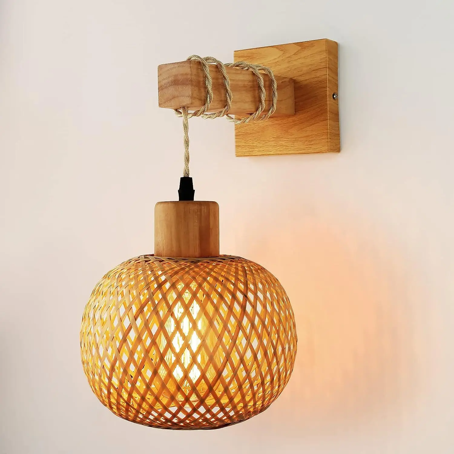Bambusowa latarnia ścienna, naturalny rattan, wiklina, e26, ręcznie tkana, dekoracja sypialni, abażur