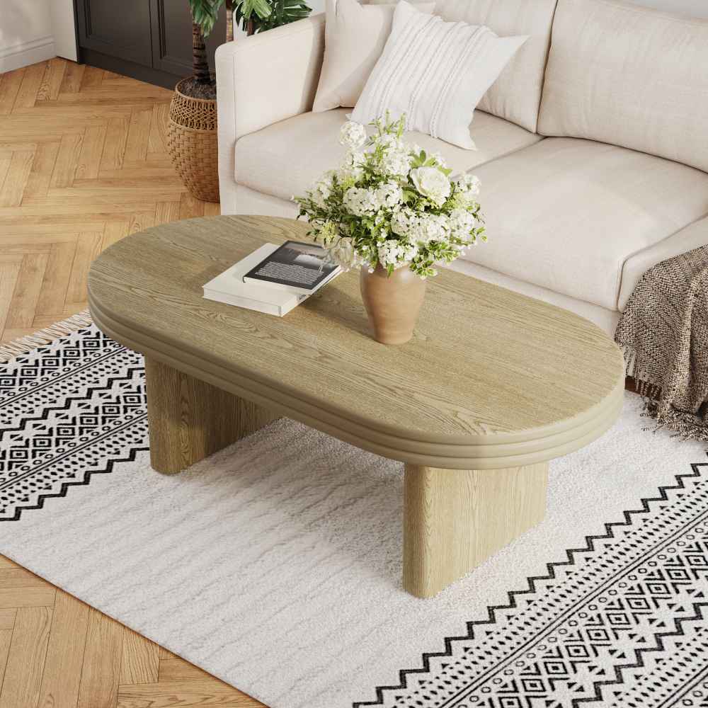 Owalny stolik kawowy w stylu mid-century modern, lite drewno i płyta MDF, uniwersalny stolik do salonu, 120x60x41,5 cm
