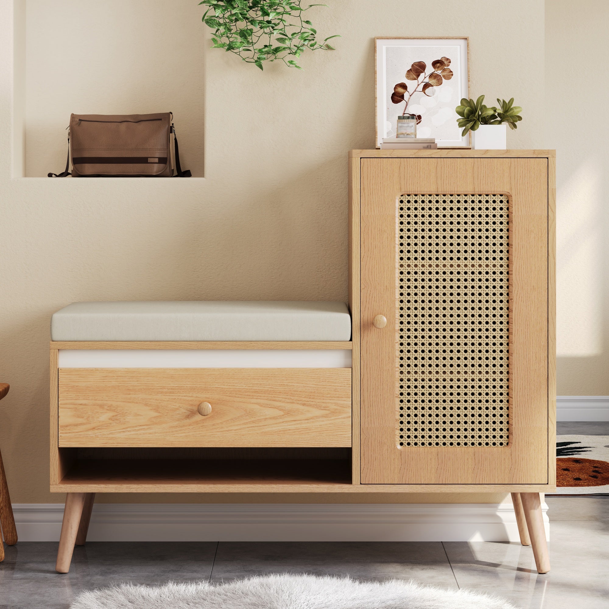 Szafka na buty z ławką na buty - 1 drzwi rattanowe i 1 szuflada - 95,5 x 35 x 80,5 cm - Płyta wiórowa + MDF - Naturalna
