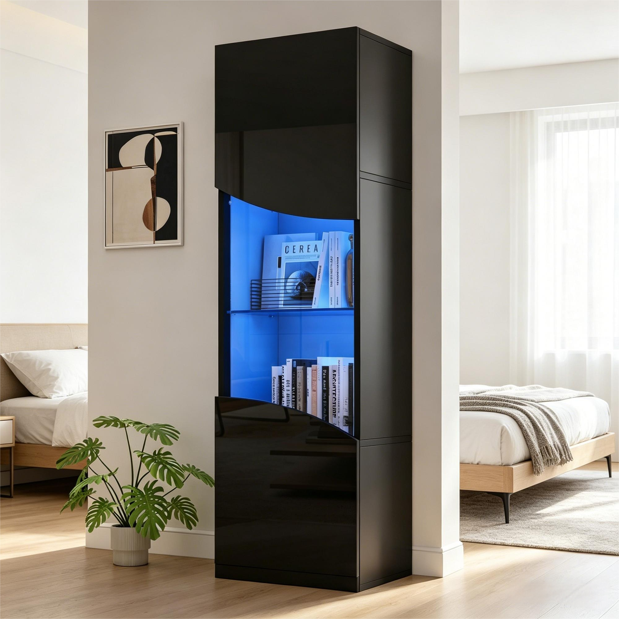 Witryna z 2 drzwiami i oświetleniem LED - 35 x 50 x 165 cm - Płyta wiórowa i szkło hartowane - Kolor czarny