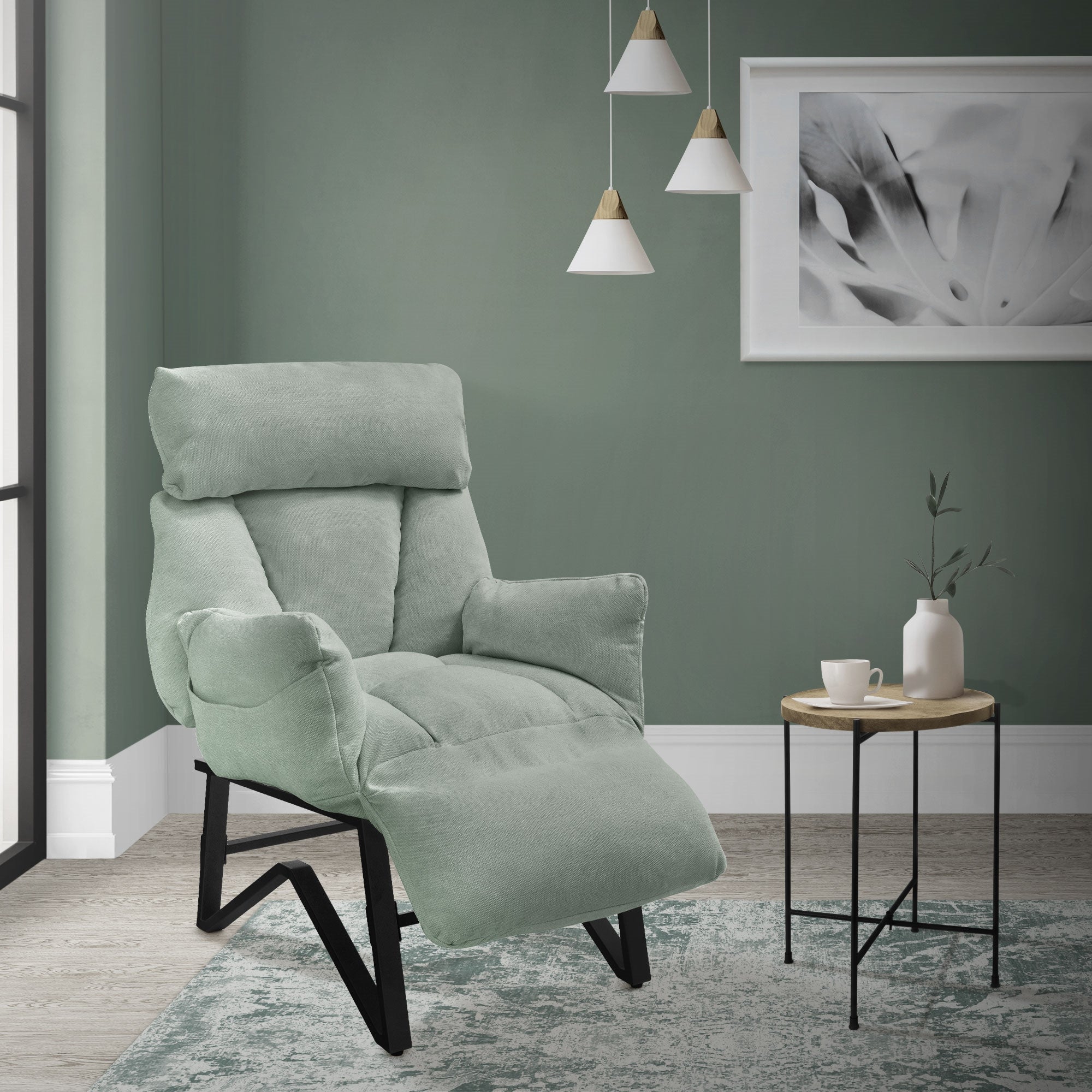 ML-Design Fotel relaksacyjny szaro-zielony regulowany tapicerowany lnu wygodny do salonu fotel czytania z podłokietnikami podnóżkiem boczne kieszenie
