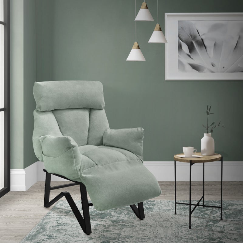 ML-Design Fotel relaksacyjny szaro-zielony regulowany tapicerowany lnu wygodny do salonu fotel czytania z podłokietnikami podnóżkiem boczne kieszenie