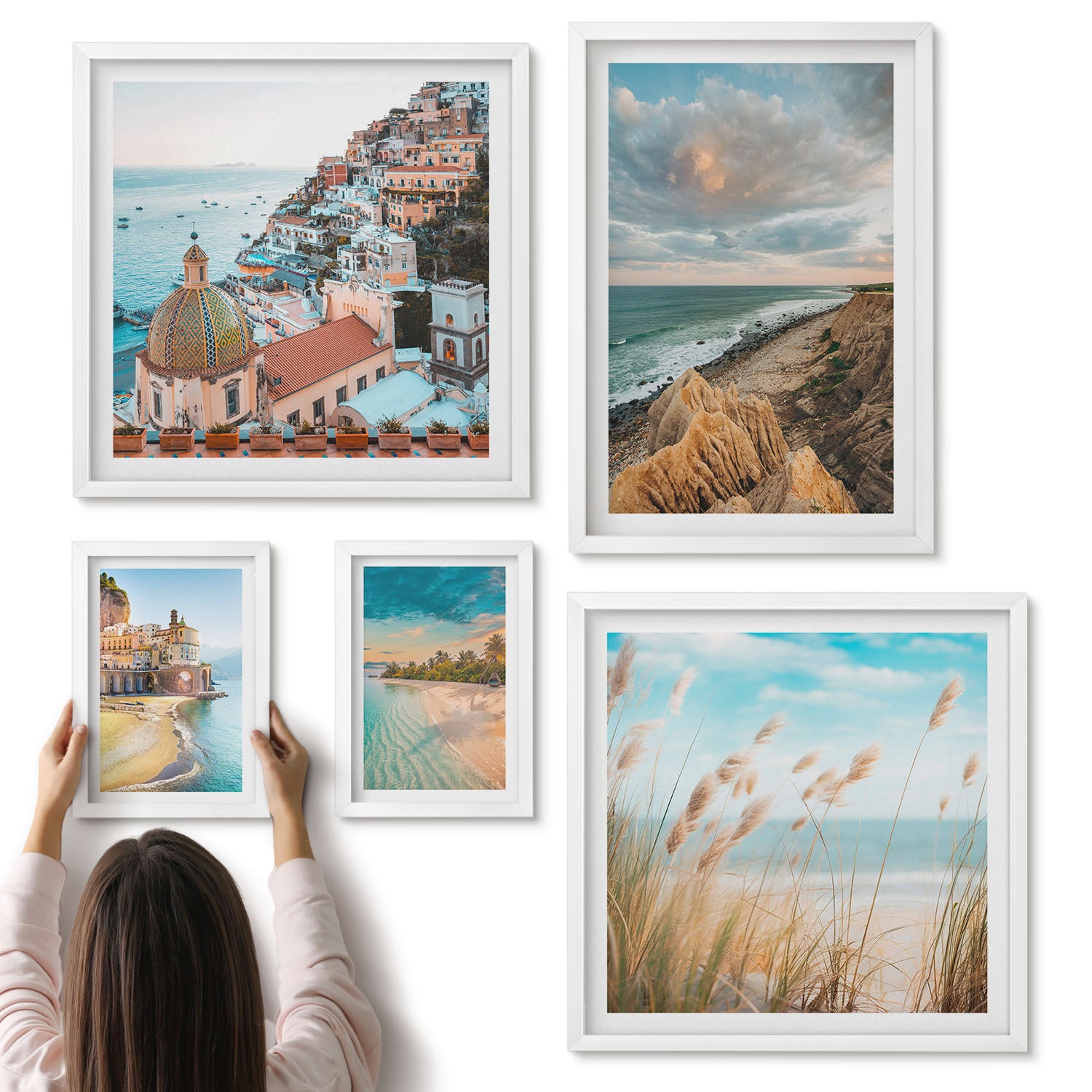 Galeria ścienna 5-częściowy komplet obrazów w białych ramach - Krajobrazy nadmorskie i malownicze plaże świata - ArtPrintCave