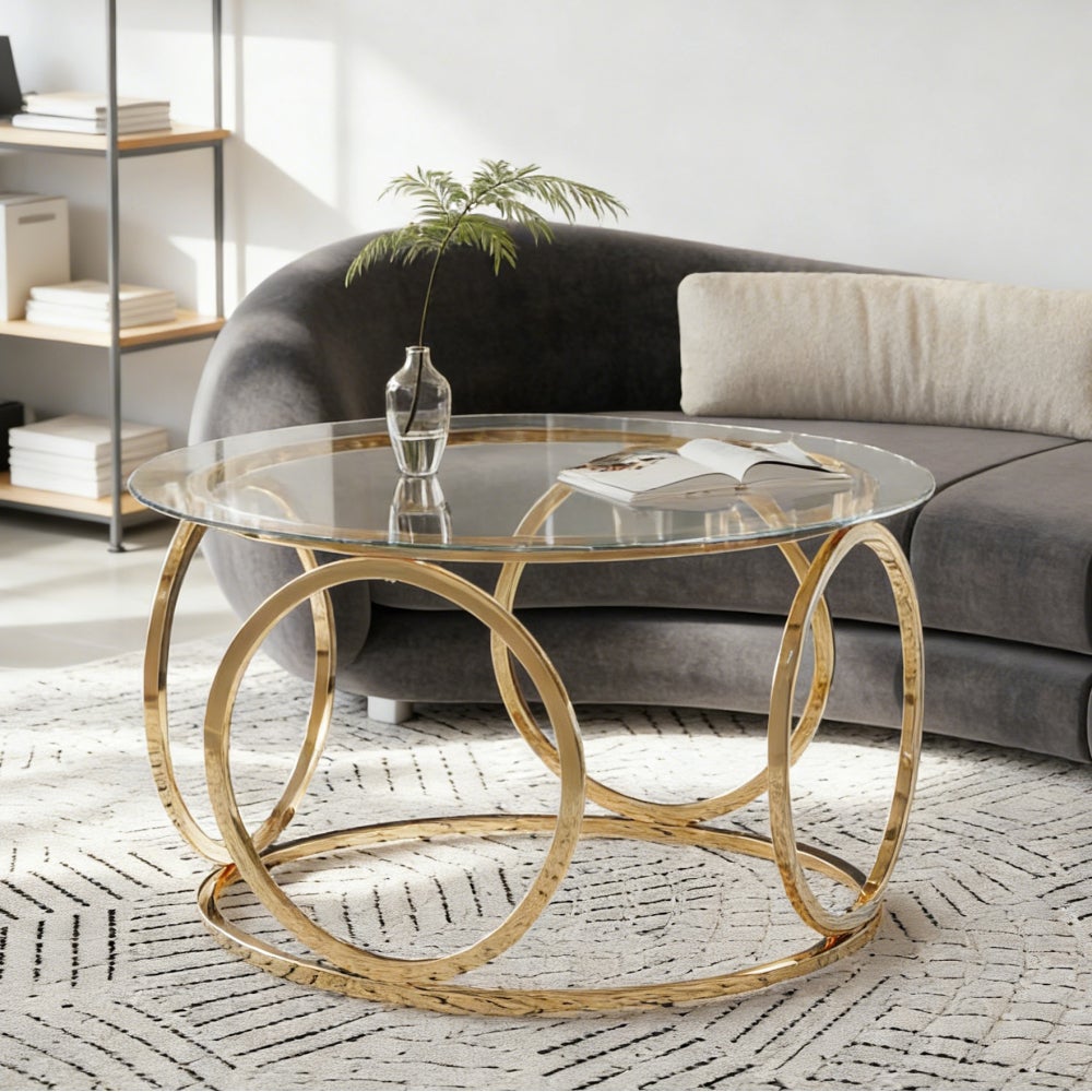 Nowoczesny okrągły stolik kawowy 80 cm, szkło hartowane, chromowana metalowa podstawa, do salonu i biura