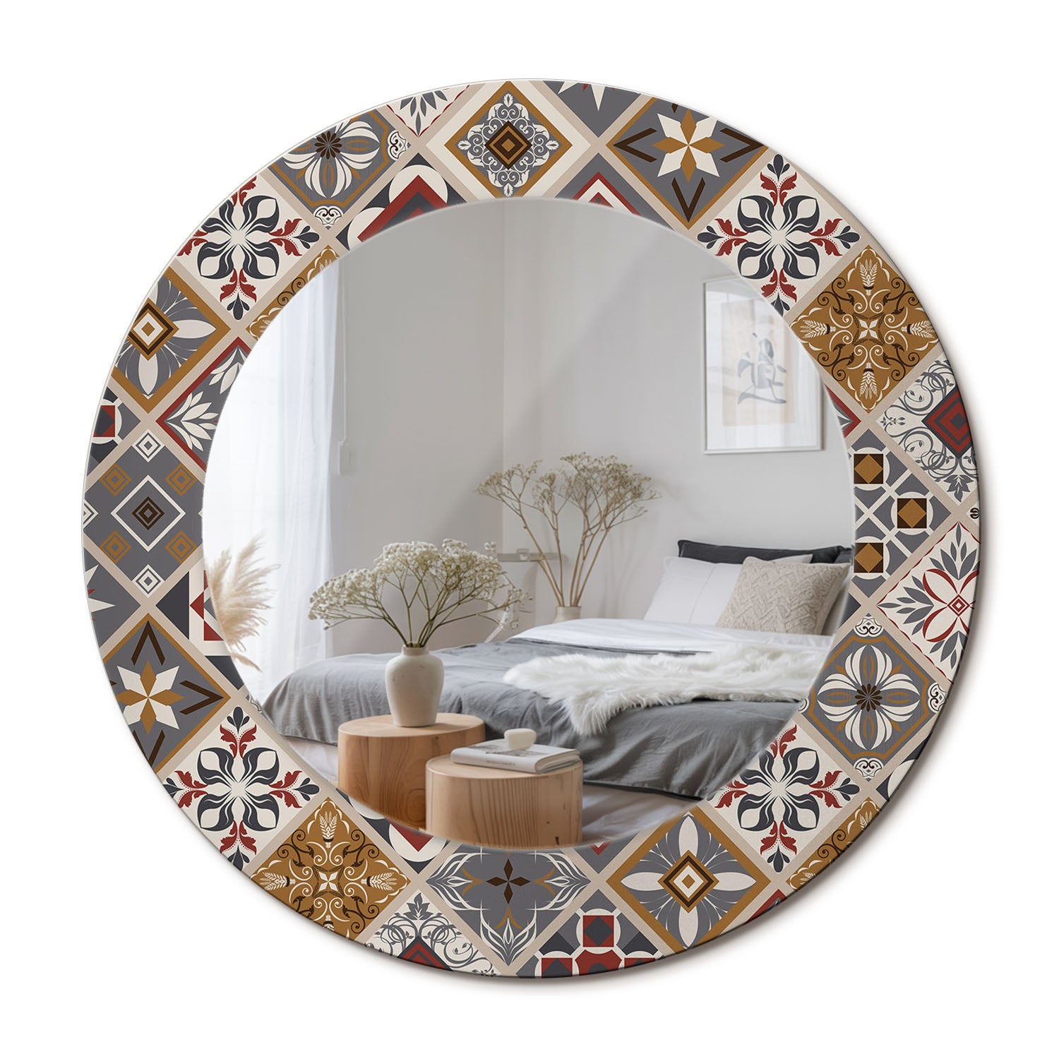 Minimalistyczne lustro ścienne z hartowaną ramą szklaną i wzorem Turecki wzór - 50 cm - ArtPrintCave