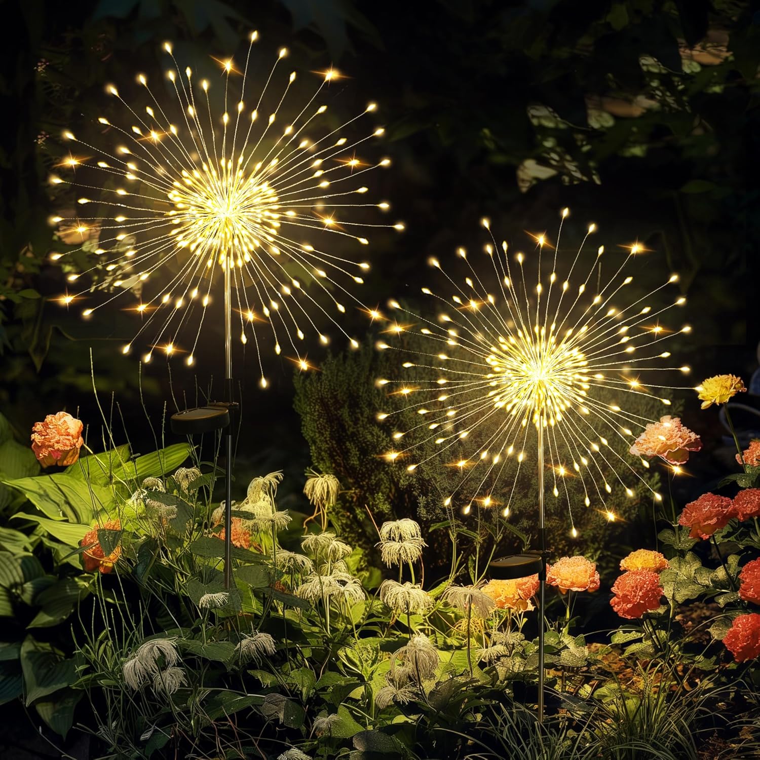 Zestaw 2 lamp solarnych do ogrodu, 120 diod LED, wodoodporne lampy solarne w kształcie dmuchawców do ogrodu, na trawnik, imprezę, patio (ciepła biel)