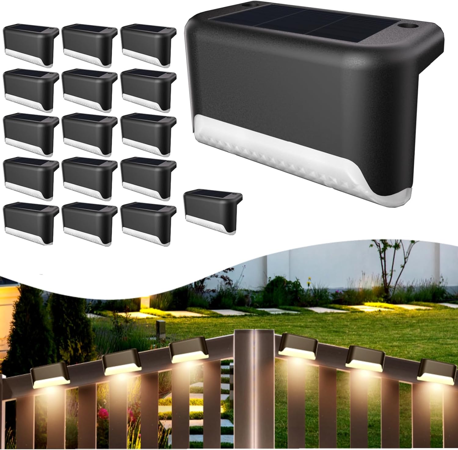 Zestaw 16 lamp solarnych LED na taras, wodoodporne lampy solarne do schodów, stopni, poręczy i tarasów zewnętrznych (ciepła biel, czerń)