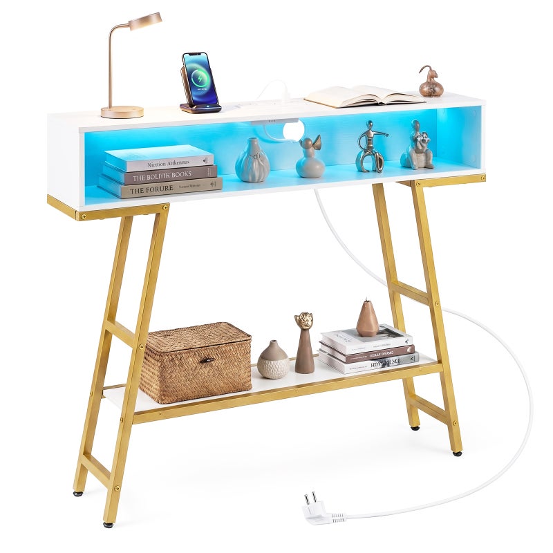 3-poziomowa konsola do przedpokoju z LED i stacją ładującą, stolik konsolowy do salonu, korytarza, przedpokoju, przechowywania 100×20×86,5 cm, biały