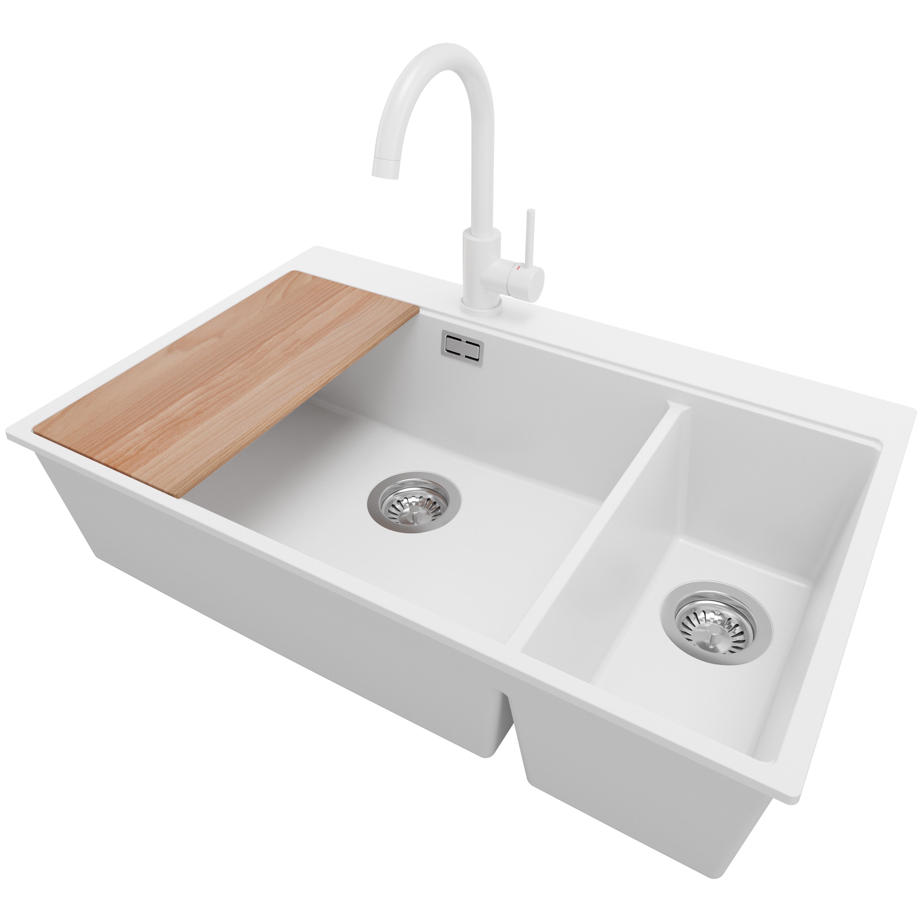 Zlewozmywak Granitowy Biały 78x50cm, Zlew Kuchenny 2 Komorowy + Bateria 32x20cm + Syfon + Deska, Nablatowy do szafki od 80cm - Oslo Duo PRIMAGRAN