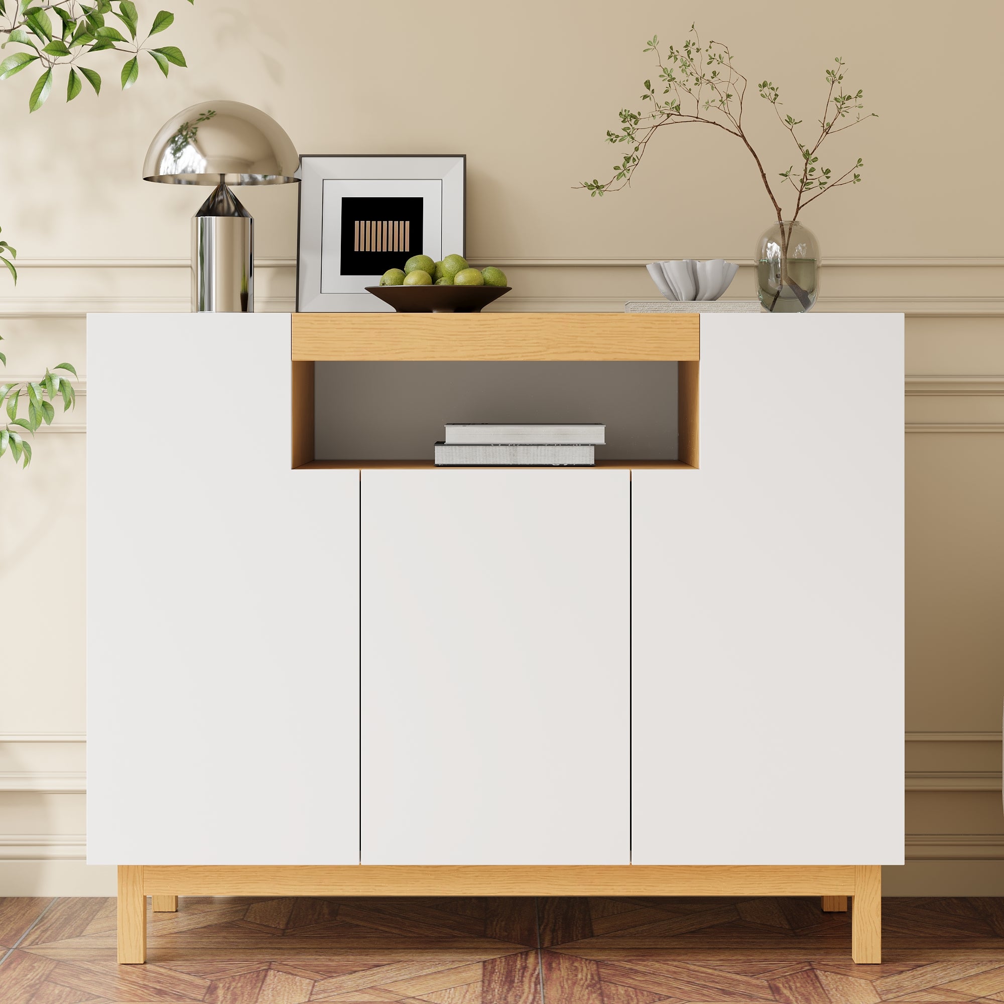Komoda niska z 3 drzwiami i 1 przegrodą - 120,5 x 42 x 96 cm - Płyta wiórowa - Kolor biały
