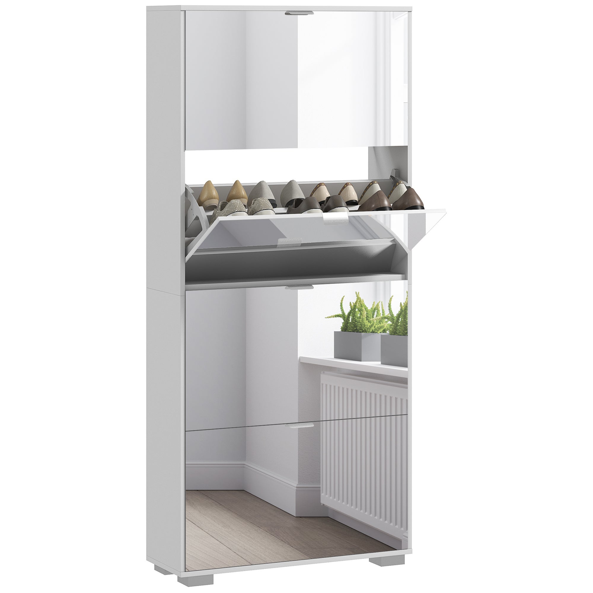 Półka na buty z lustrem i 4 szufladami z klapką, smukła szafka na 24 pary butów do przedpokoju i sypialni, 76x26x178 cm, biała