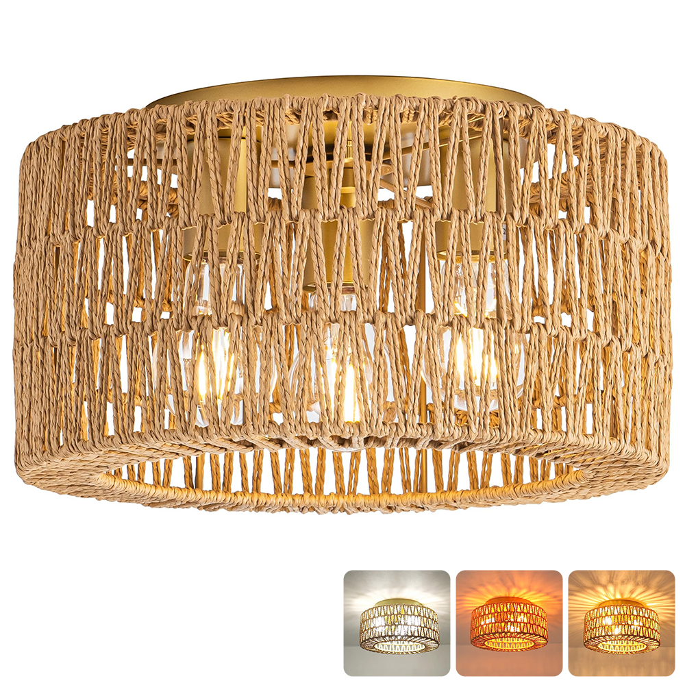 Lampa sufitowa z rattanu, żyrandol w stylu boho, lampa wisząca z żarówką, lampa sufitowa w stylu Wabi-sabi, 3 temperatury barwowe (3000K-6000K)