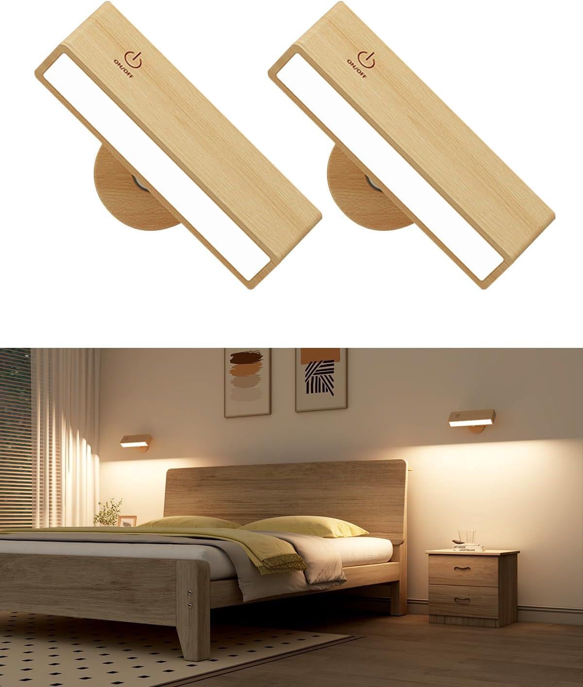 Zestaw 2 lamp ściennych z drewna, bezprzewodowych, ładowanych przez USB, z regulacją intensywności, idealnych do sypialni lub salonu – ciepły design