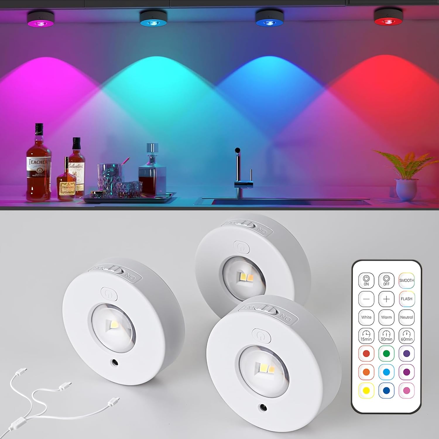 3 bezprzewodowe paski świetlne RGB do mebli, z funkcją timera i regulacją jasności, 7*7*3 cm