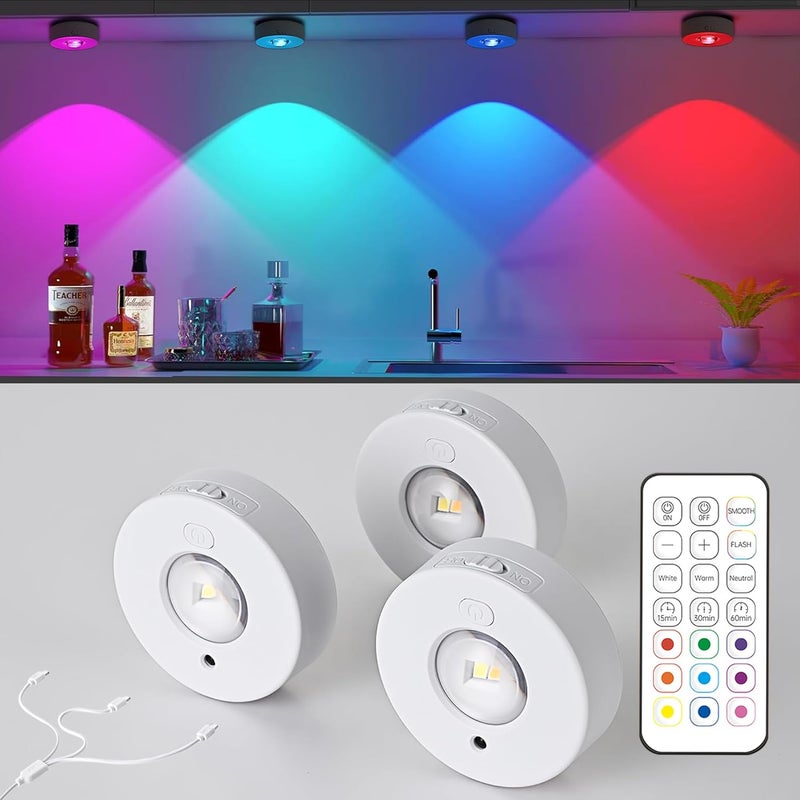 3 bezprzewodowe paski świetlne RGB do mebli, z funkcją timera i regulacją jasności, 7*7*3 cm