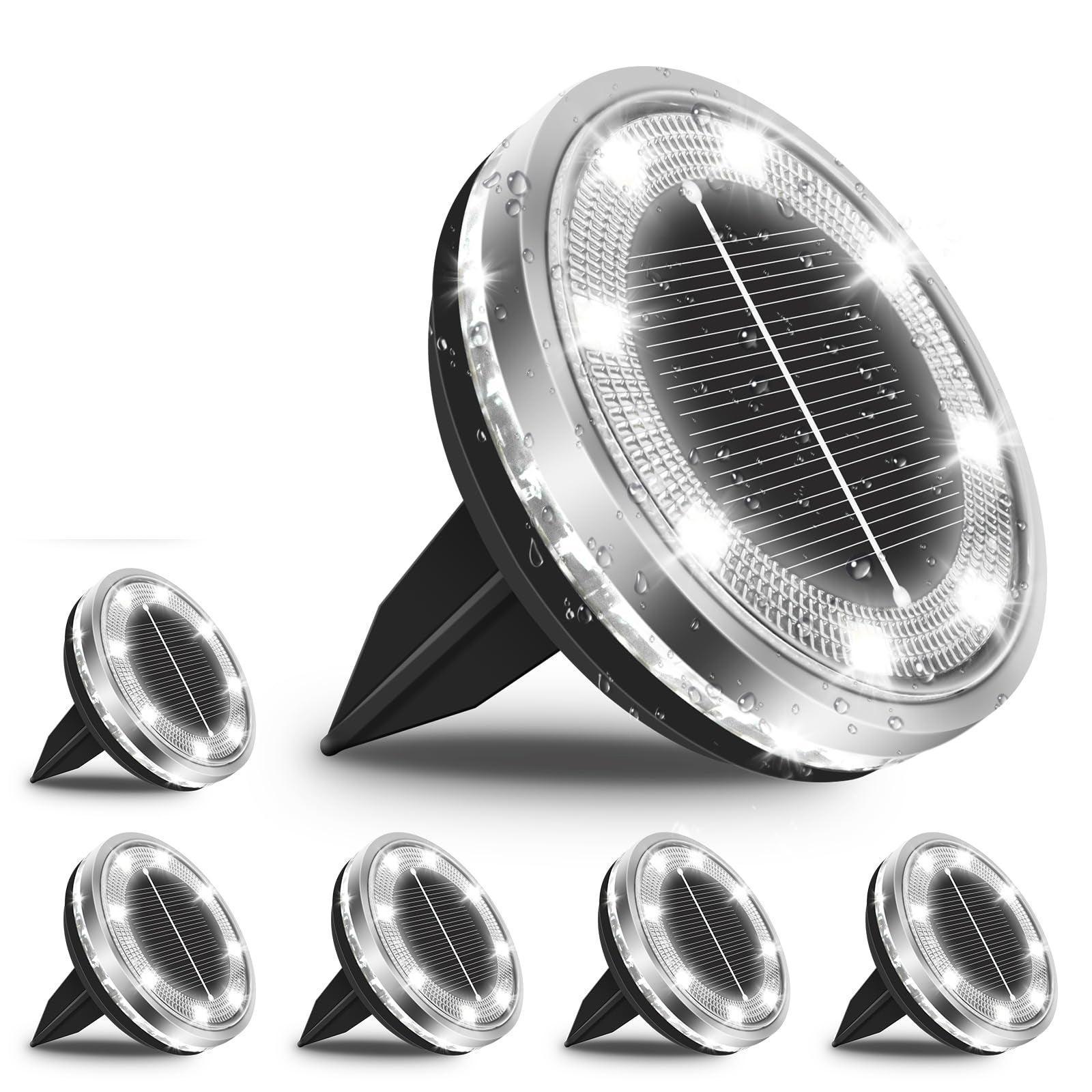 Zestaw 6 zewnętrznych lamp solarnych wbijanych w ziemię, 8 diod LED, wodoodporność IP44, odpowiednie do ogrodu, podwórka, ścieżki, białe światło