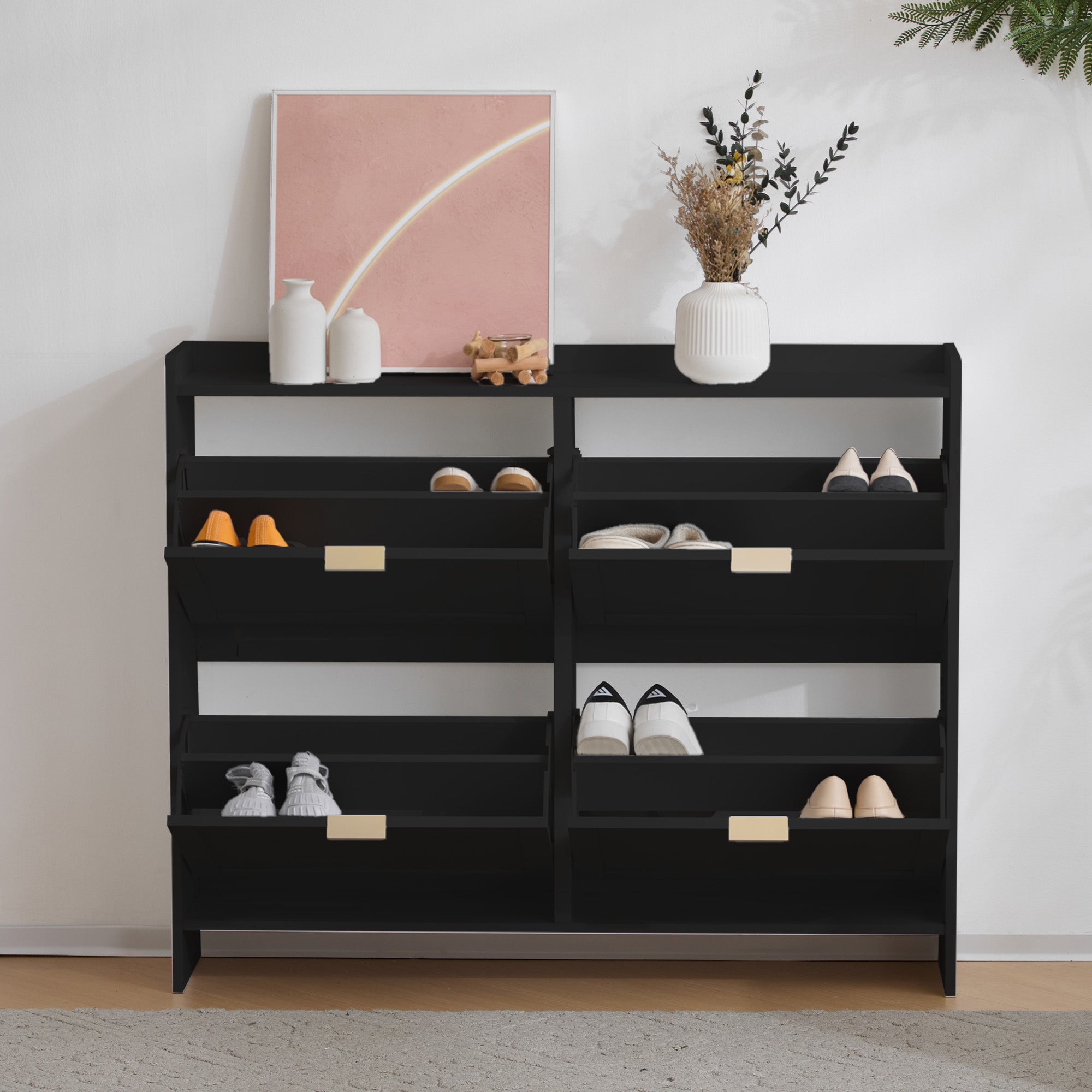 Szafka na buty z 4 drzwiami opuszczanymi - 110 x 24 x 90 cm - Płyta wiórowa - Czarna
