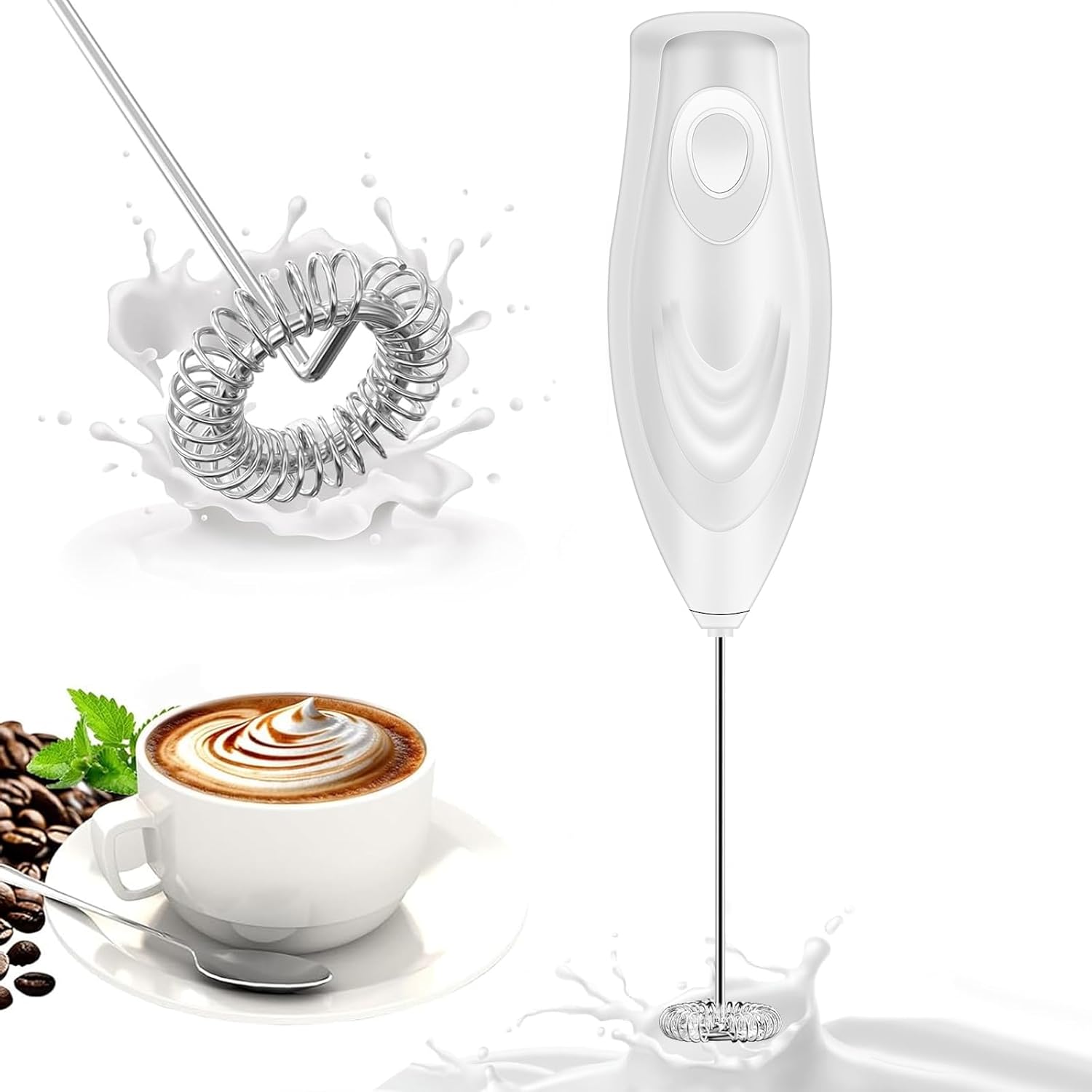 Biały przenośny spieniacz do mleka zasilany bateriami, spieniacz do mleka i mini spieniacz do kawy, przenośny elektryczny do latte, cappuccino, gorące