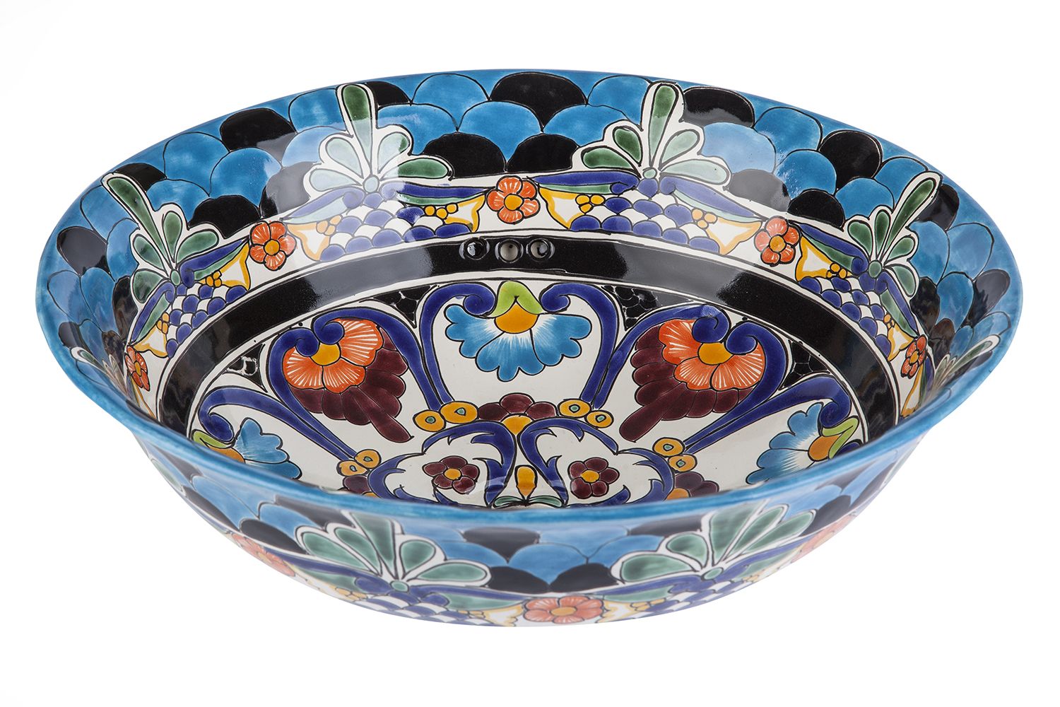Meksykańska ceramiczna umywalka nablatowa Reina – okrągła umywalka łazienkowa 40,5 x 15 cm | Umywalka z motywami Talavera