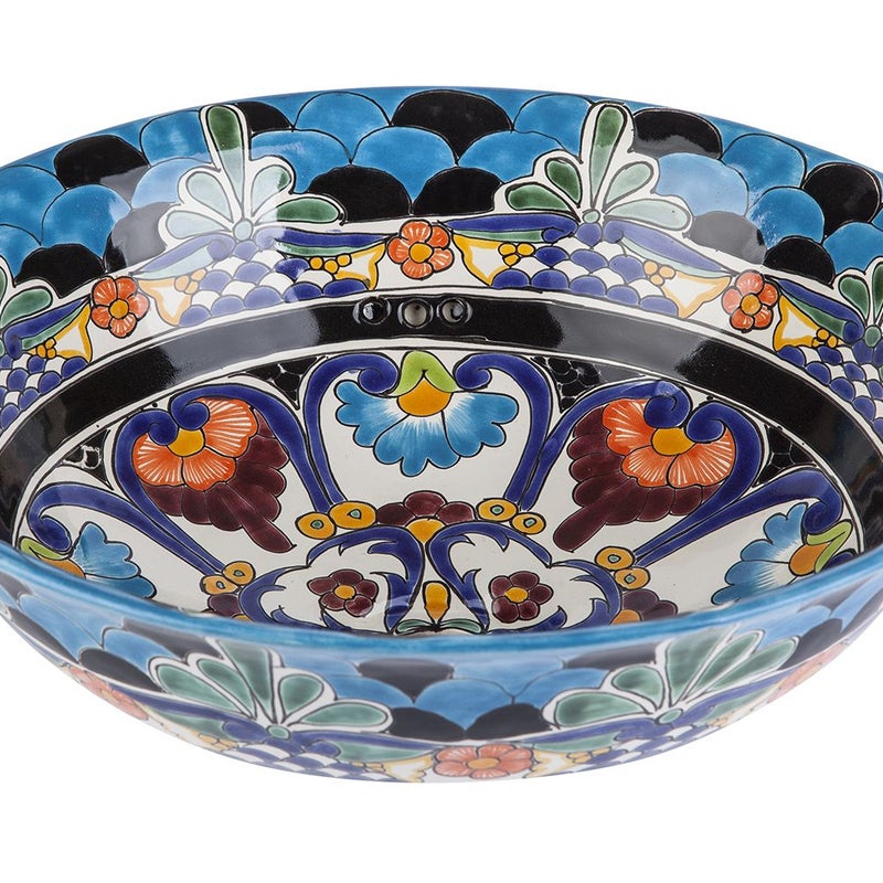 Meksykańska ceramiczna umywalka nablatowa Reina – okrągła umywalka łazienkowa 40,5 x 15 cm | Umywalka z motywami Talavera