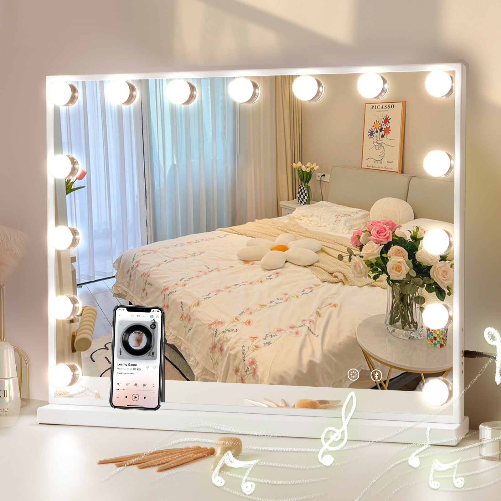 Lustro kosmetyczne Hollywood z oświetleniem LED do toaletki/ścienne - 58 x 46 cm - Głośnik Bluetooth