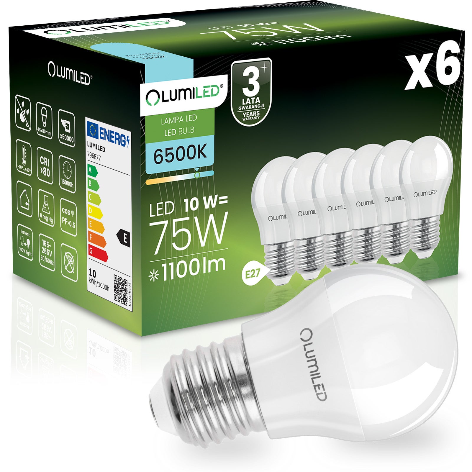 Żarówka LED LUMILED E27 P45 10W 1055lm 6500K Zimna biel 180st 6 szt.
