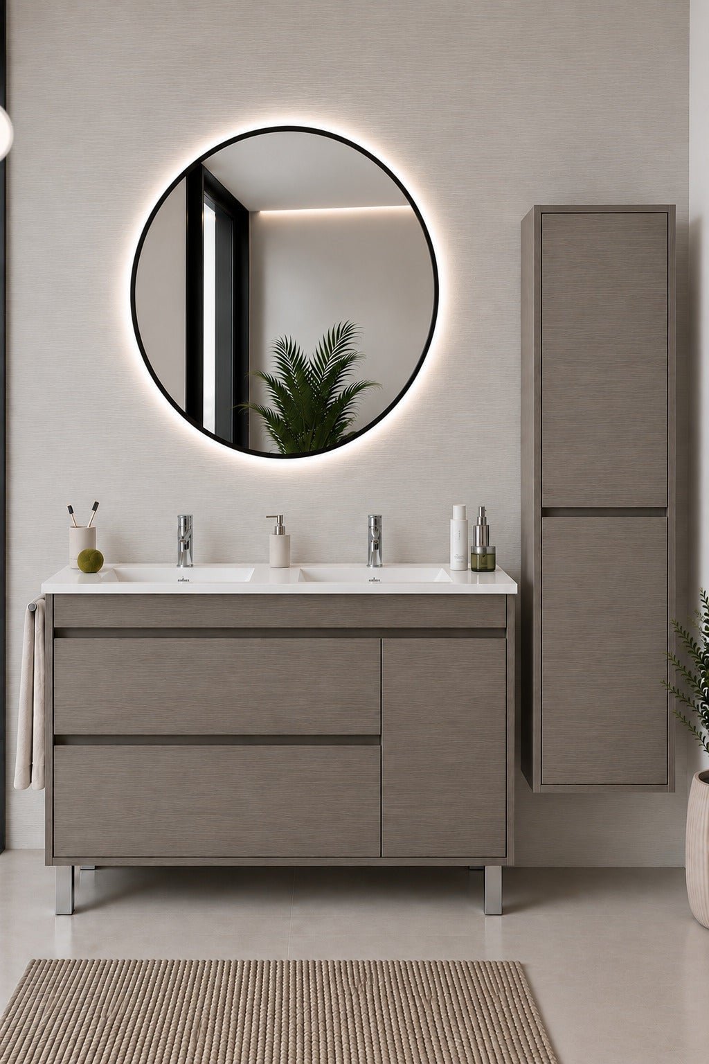 Szafka łazienkowa z umywalką ORIGENBATH CAPRERA bez lustra 120x45 cm podwójna umywalka dąb smoky z kolumną