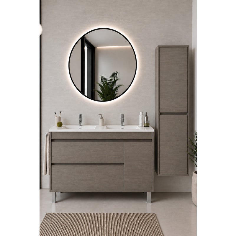 Szafka łazienkowa z umywalką ORIGENBATH CAPRERA bez lustra 120x45 cm podwójna umywalka dąb smoky z kolumną
