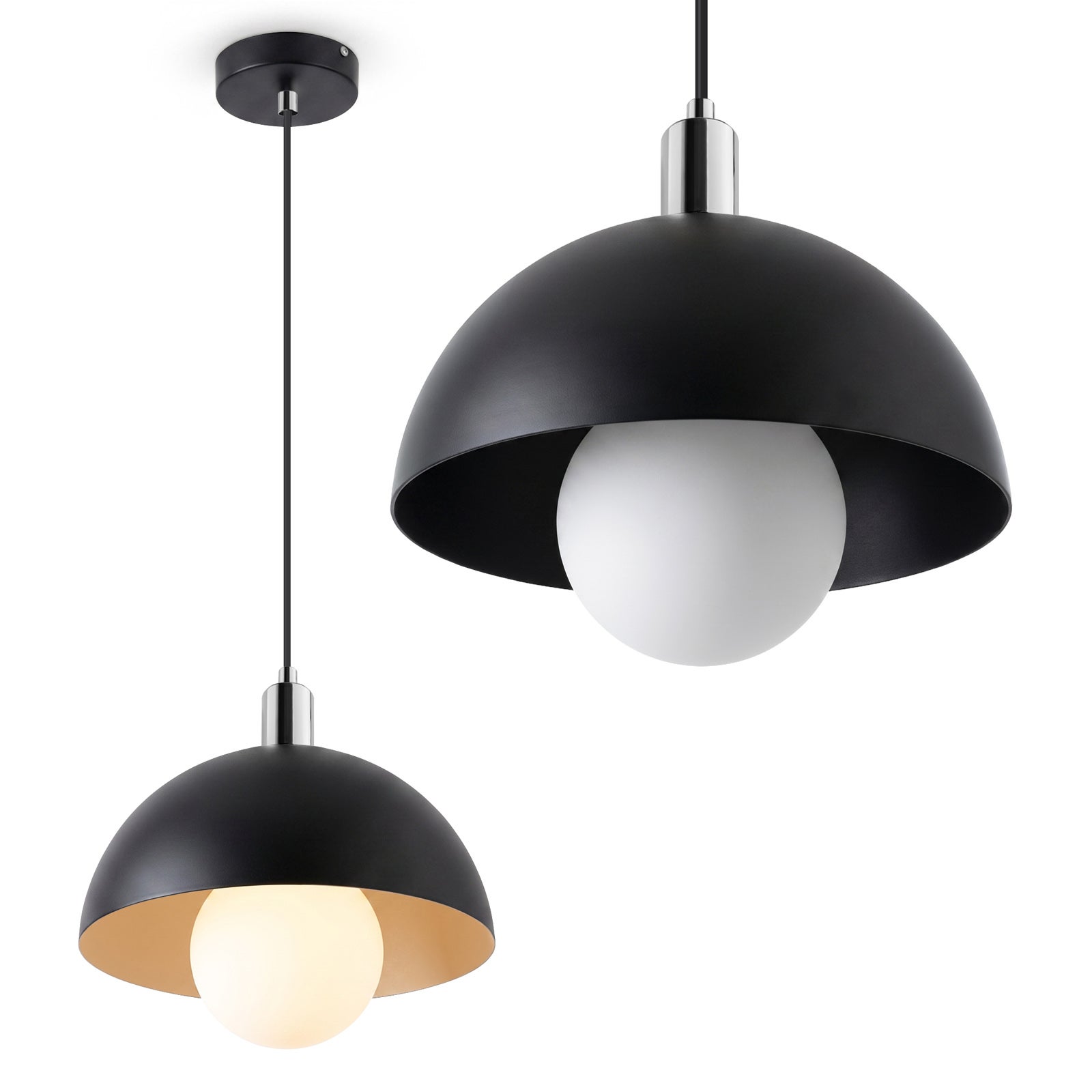 Lampa wiszaca g9 duża półkula 30 cm czarna chrom biały klosz kulka szklana