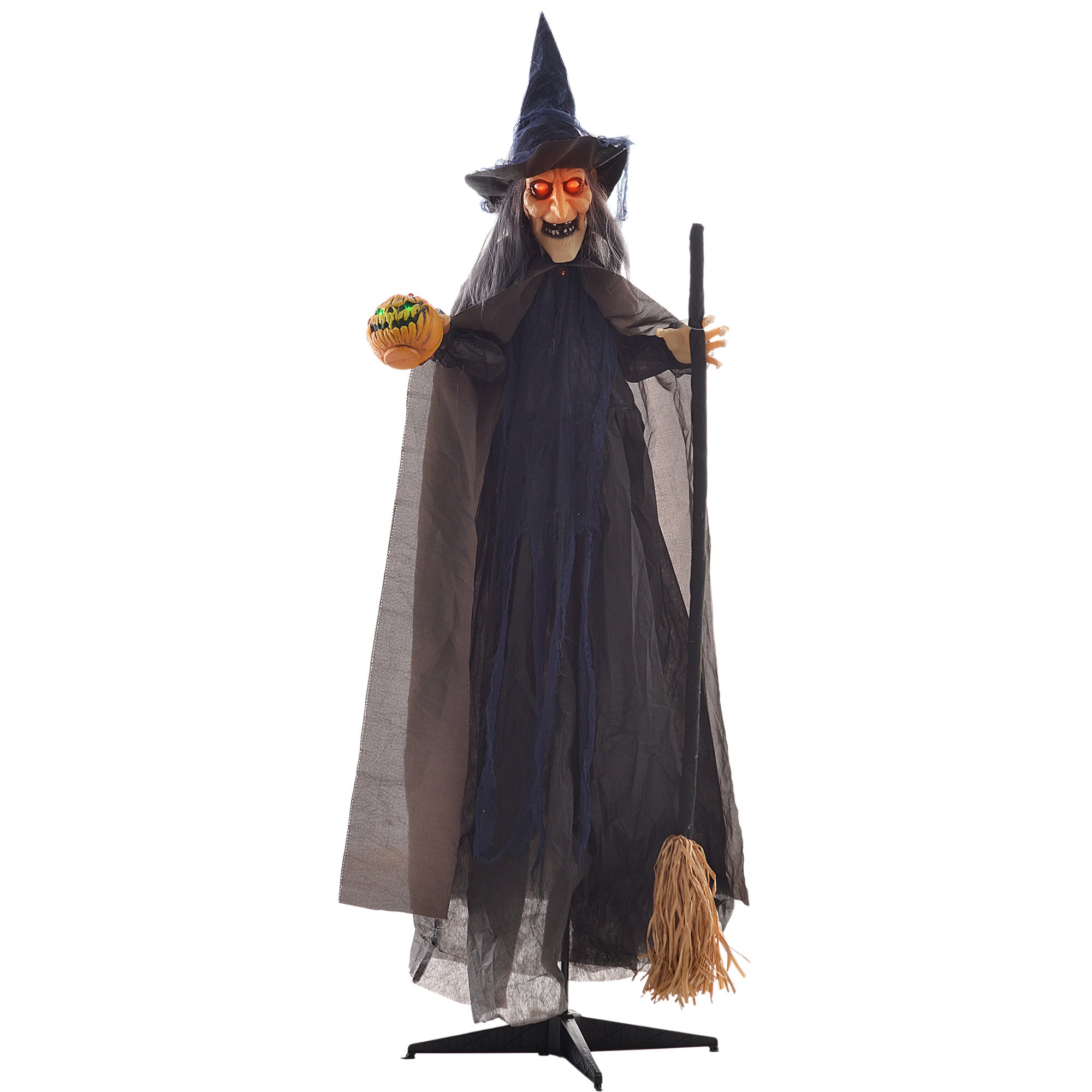 Dekoracja na Halloween: czarownica z miotłą, świecące oczy, straszne dźwięki, ruchome ramiona, 107 x 65 x 190 cm
